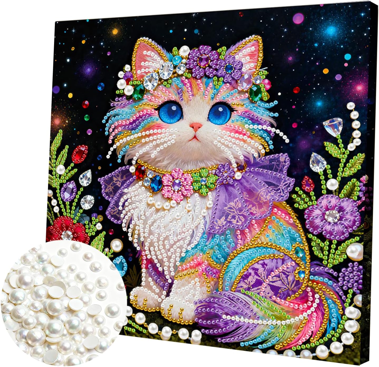 DIY Pearl Painting Kit with Wooden Frame, 3D Plastic Pearl Gemstone Ocean Art Craft for Adults Beginners, Diamond Dot Painting, Home Wall Decor Ready Gift for Women(Flower Cat-2)(25 * 25cm)