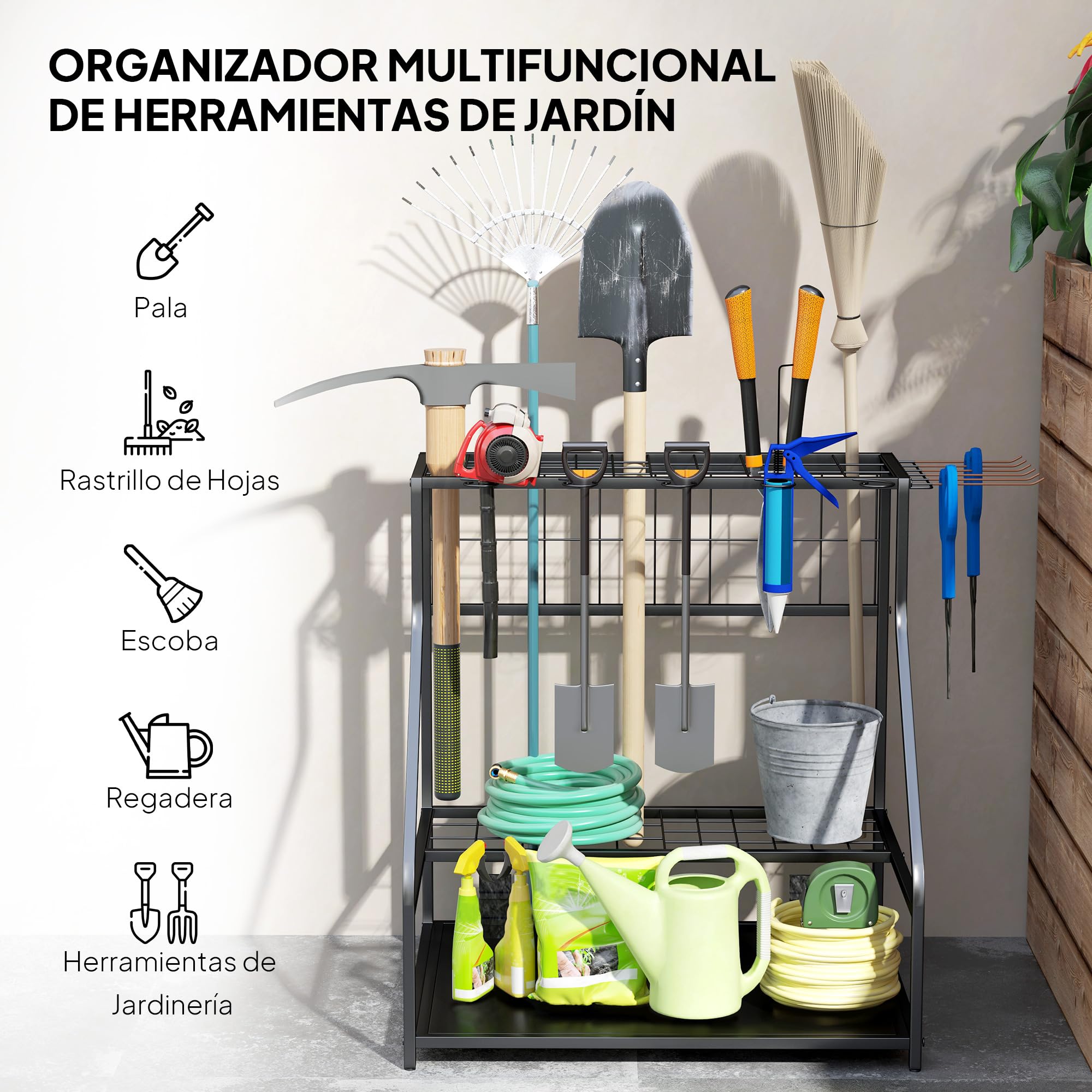 Outsunny Organizador de Herramientas de Jardín, Estantería de Almacenamiento de 3 Niveles para Garaje con Ganchos, para Palas, Rastrillos, Escobas, Soporte de Metal