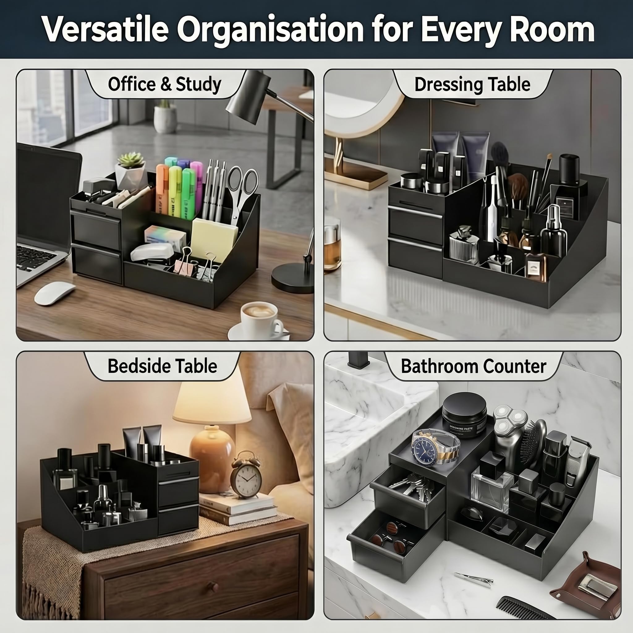 Bingobang Organizer per trucchi da uomo, grande organizer nero per cosmetici con cassetti, supporto per profumi da toeletta, organizer per la cura della pelle, per dopobarba, lozioni da barba, bagno e