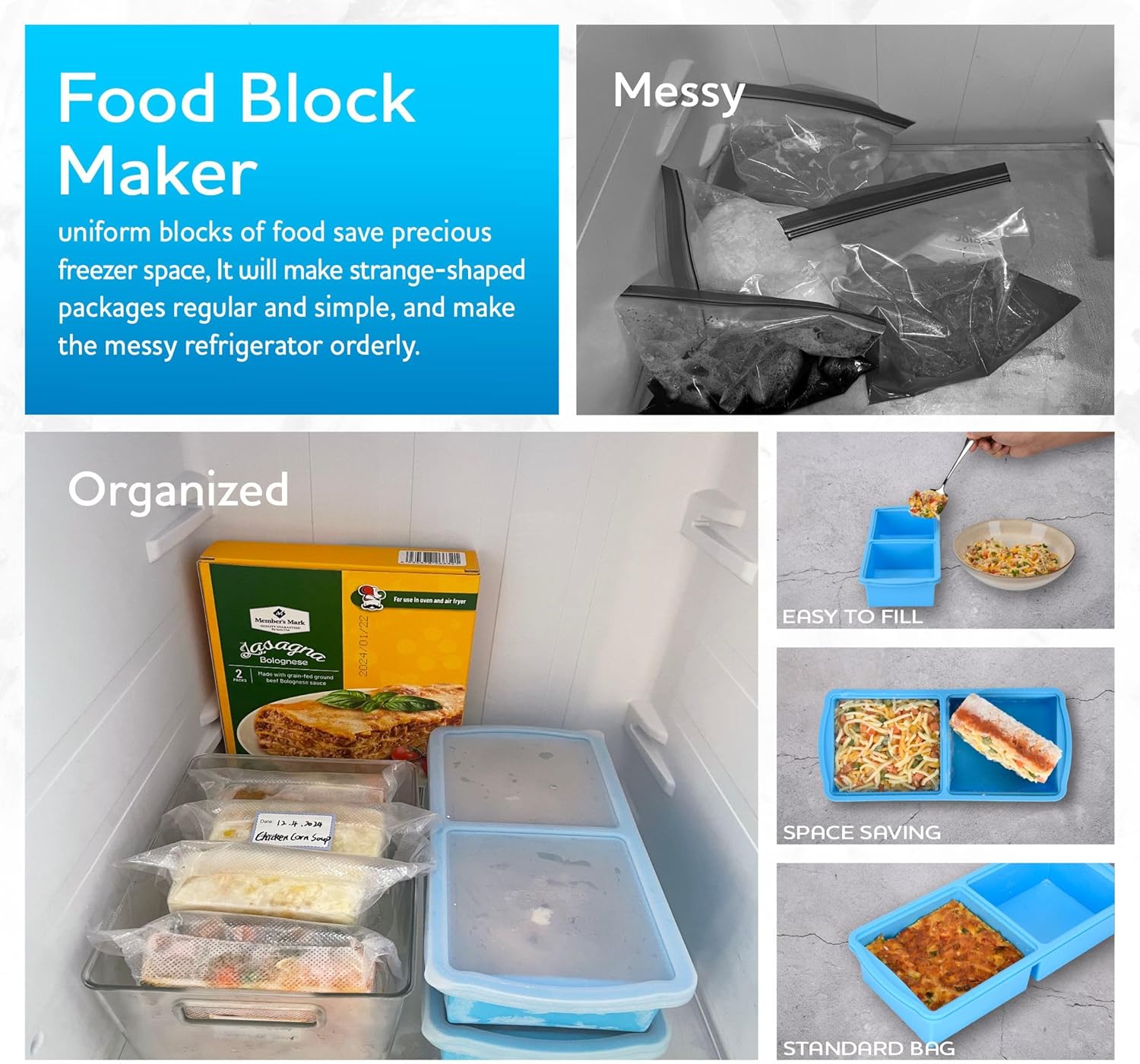 2 Cup + 1 cup Silicone Freezer Trays With Lid, Soup Freezer Container,Large Ice Cube Molds With Reinforced Steel Ring Top Perfect for Freezing Soups, Lasagnas, Casseroles.Dishwasher -Safe