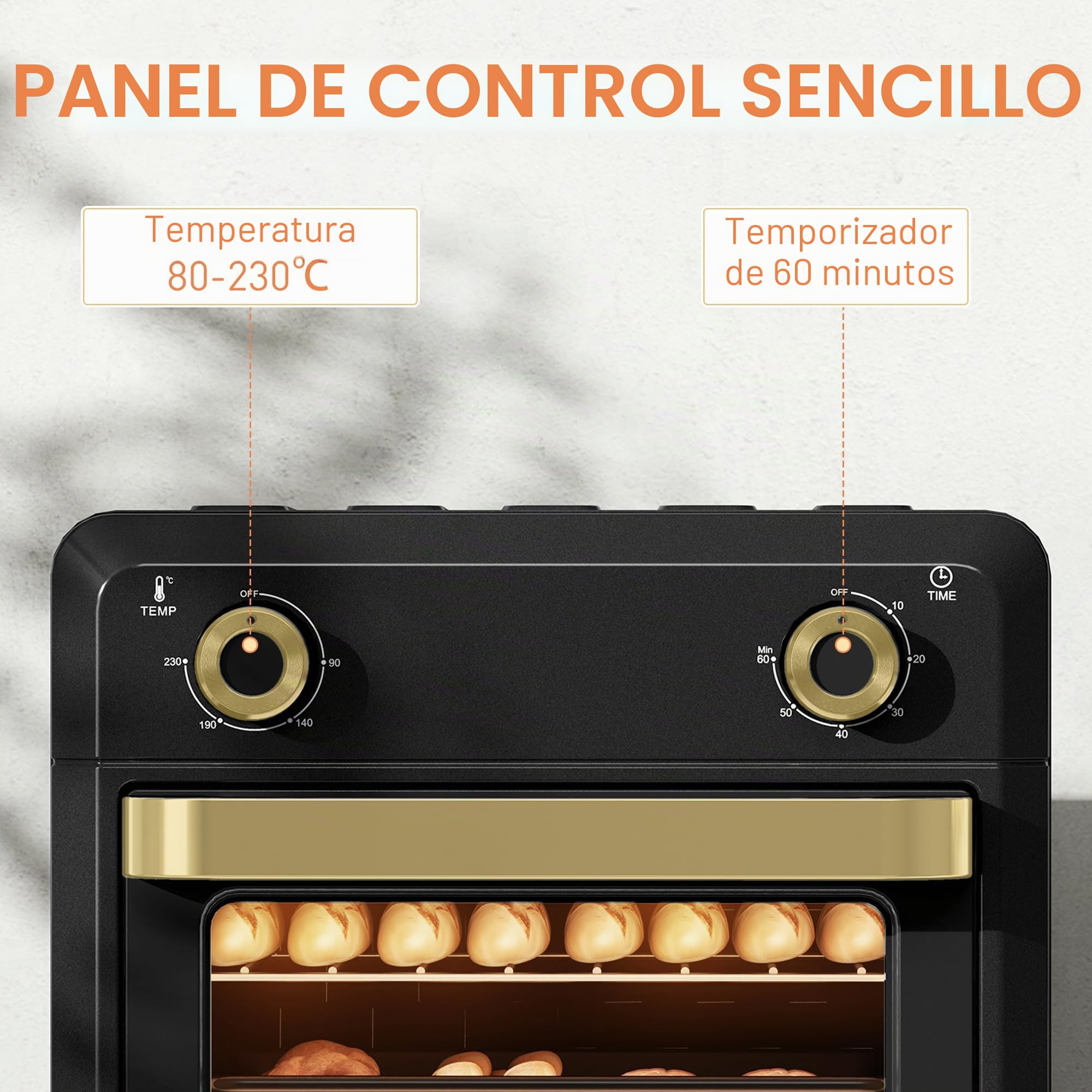 HOMCOM Mini horno con convección, freidora de aire caliente de 10L, Horno pequeño con temporizador de 60 minutos e iluminación interior, 80-230℃, 3 estantes, Accesorios aptos para lavavajillas,