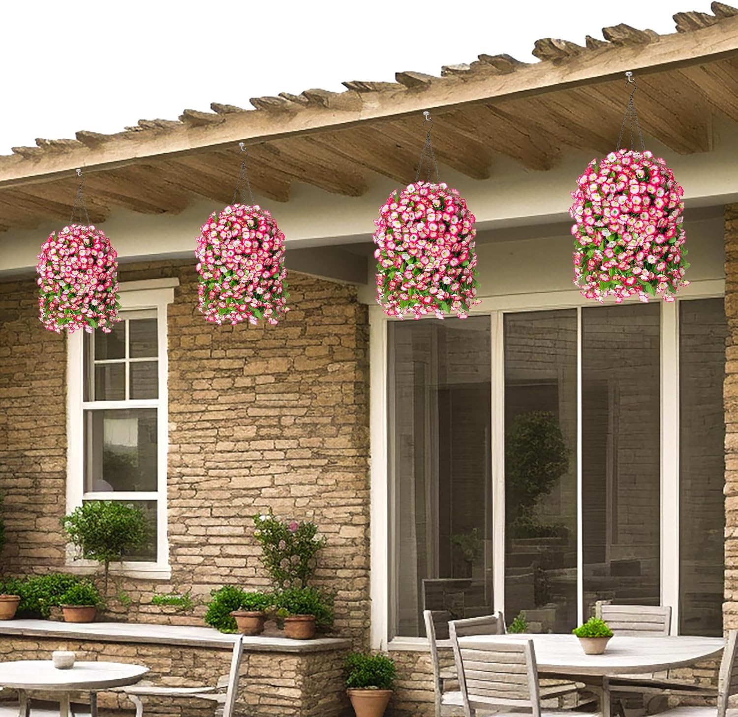 Artificial Faux Hanging Flowers Basket for Spring Summer Outdoor Porch Decor, Fake Silk Colorful Morning Glory Eucalyptus in Planter UV Resistant Look Real for Home Patio Balcony Yard(Pink) - Image 7