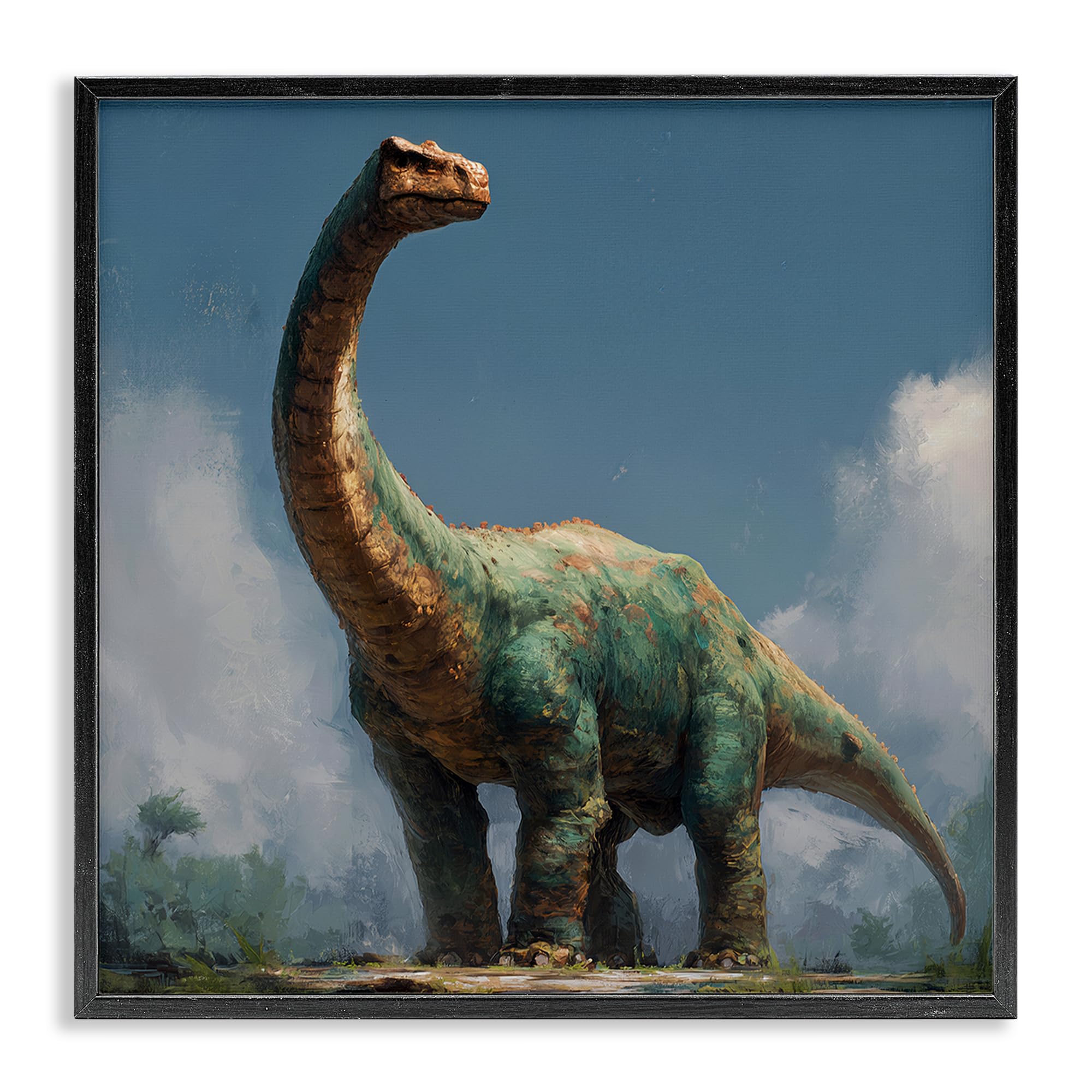 Stupell Industries Midnight Black (Textured) 'Colossal Brontosaurus In Meadow'| Framed Giclee Art