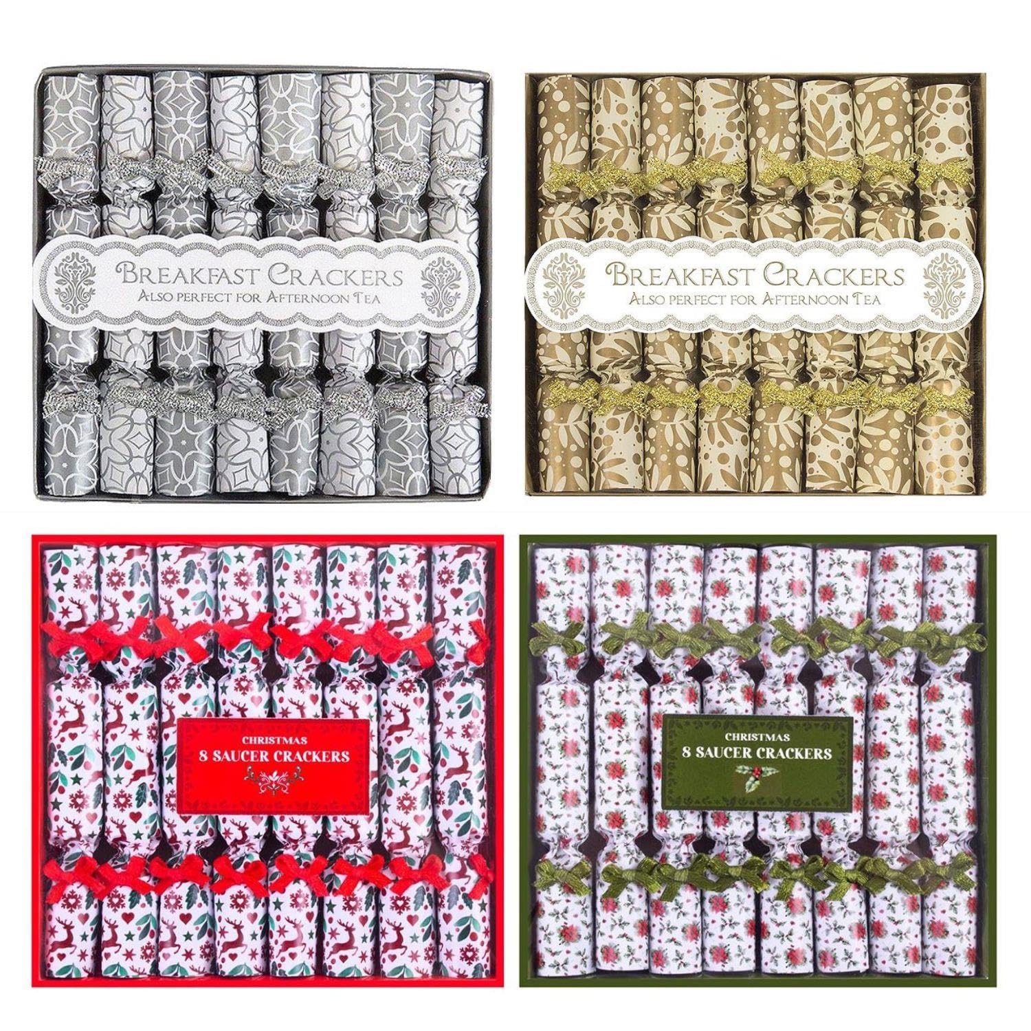 Yöl Pack Of 36 Pack Of 32 Mini Saucer Christmas Crackers Afternoon Tea Breakfast Xmas Table Deco Holly Leaf Gold Silver Red