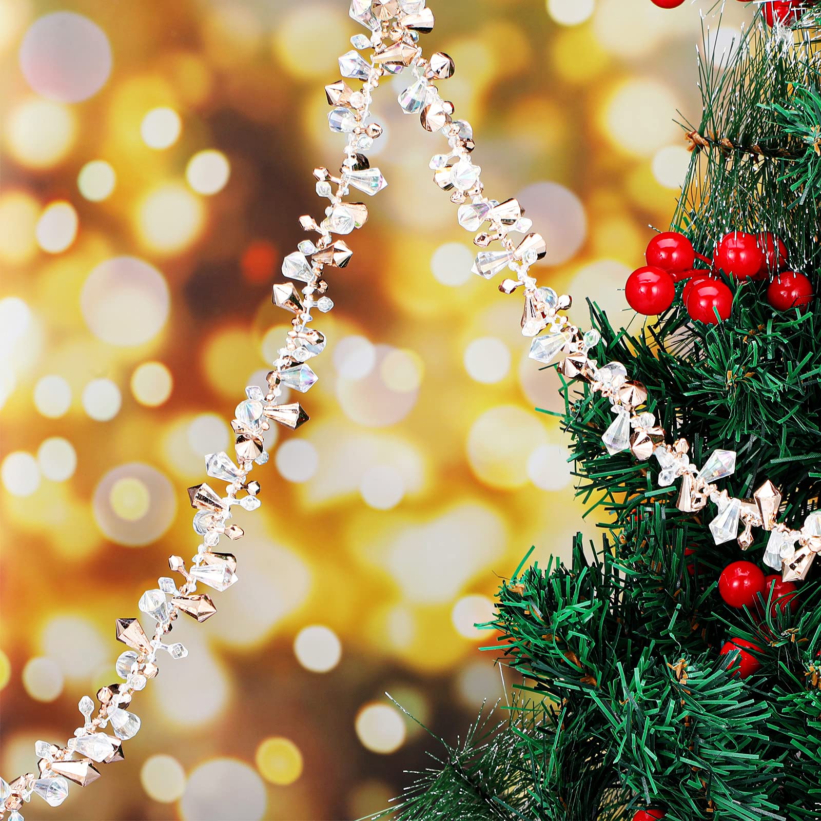 4 Guirlandes de Noël Irisées Claires Guirlandes de Perle Cristal Acrylique Grandes Guirlandes de Perles Noël Torsadées Guirlandes d'Arbres de Noël de Perles Suspendues 40 Feet (Or rose)