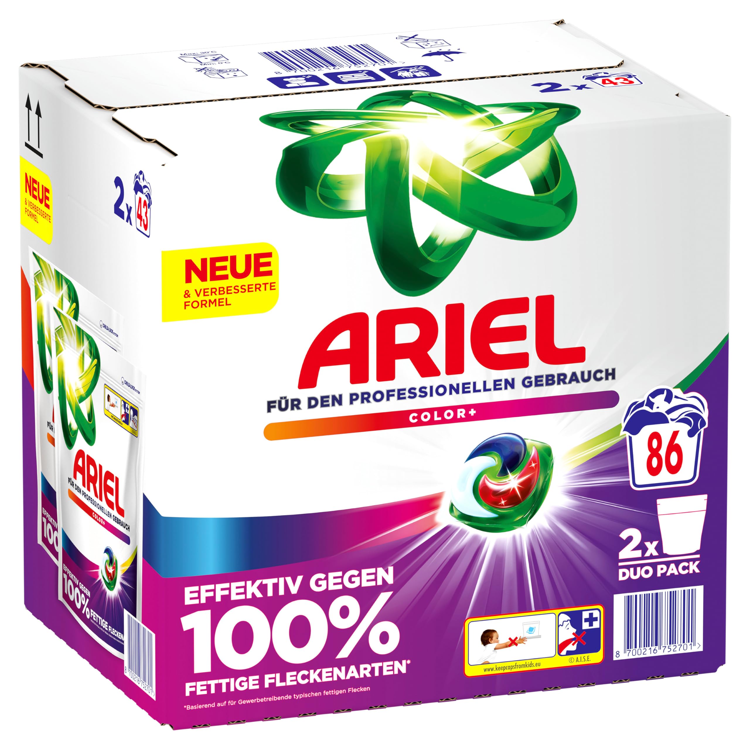 Ariel Professional All-in-1-Pods Waschkapseln Color+, bekämpft alle Arten von Fettflecken, für den professionellen Gebrauch