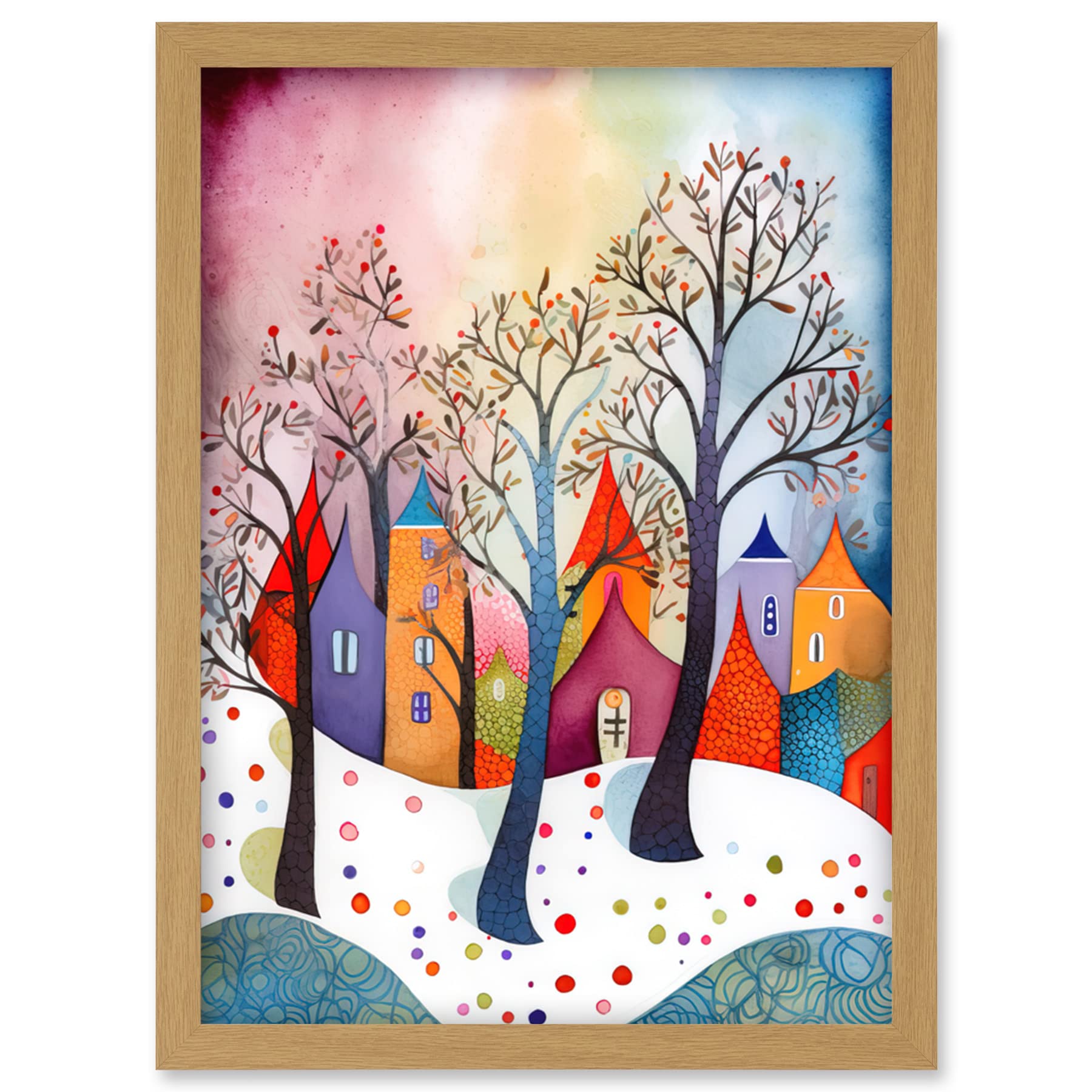 Artery8 Winter Whimsy Forest Village Folk Art Artwork Framed Wall Art Print A4