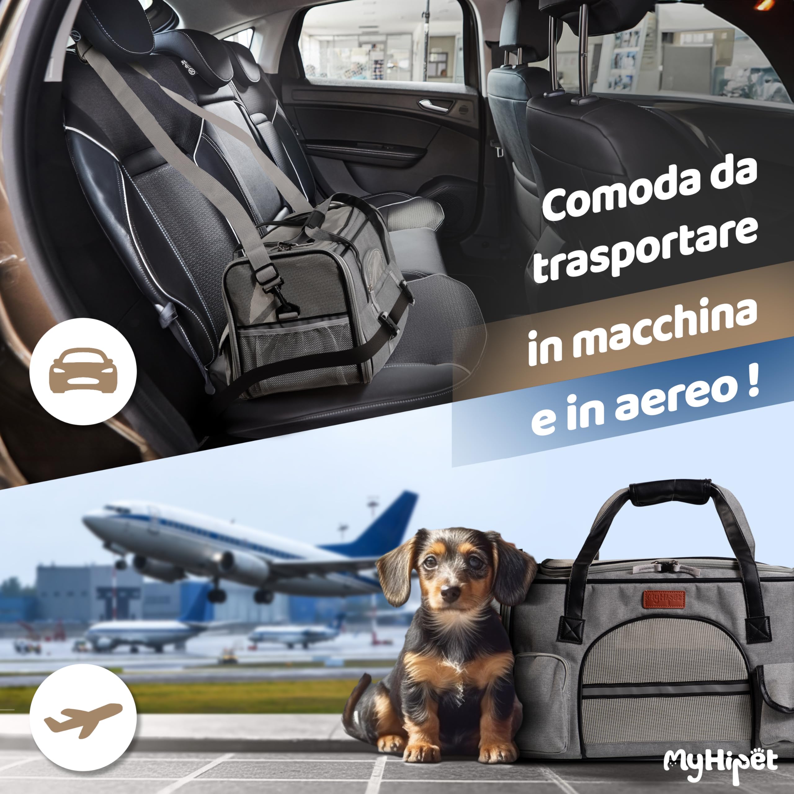 Trasportino per Gatti e Cani Grande in Oxford 300D - Trasportino per cani Auto Ideale anche per Viaggi Aerei - Misura 48x28x30 cm (Grigio)