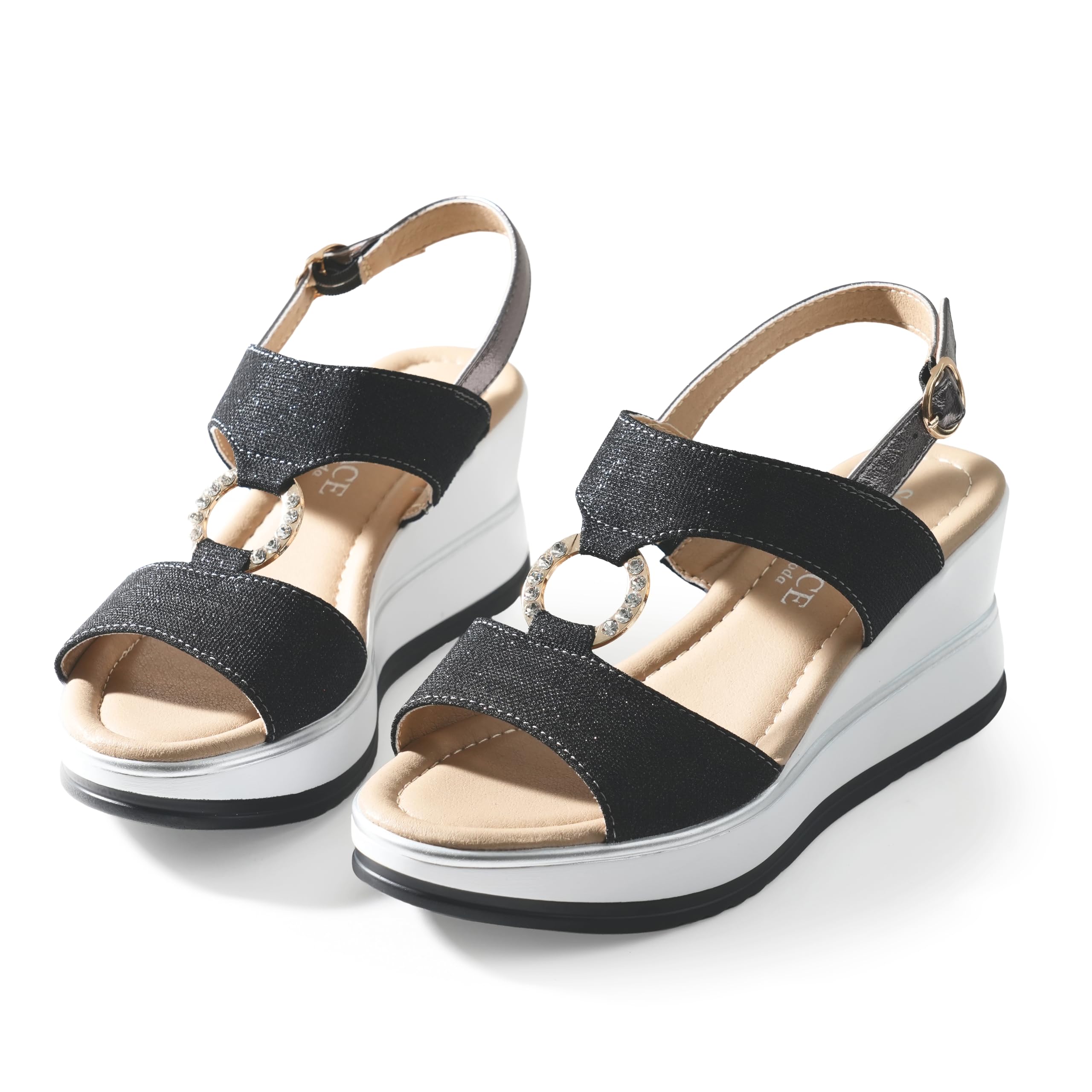 JOMIX Sandales Femme Élégantes avec Compensée 7 cm Tissu Brillant et Détail Bijou avec Anneau Strass Bride Réglable Semelle Confort Amortissante Antidérapante Chaussures Été Casual Chic