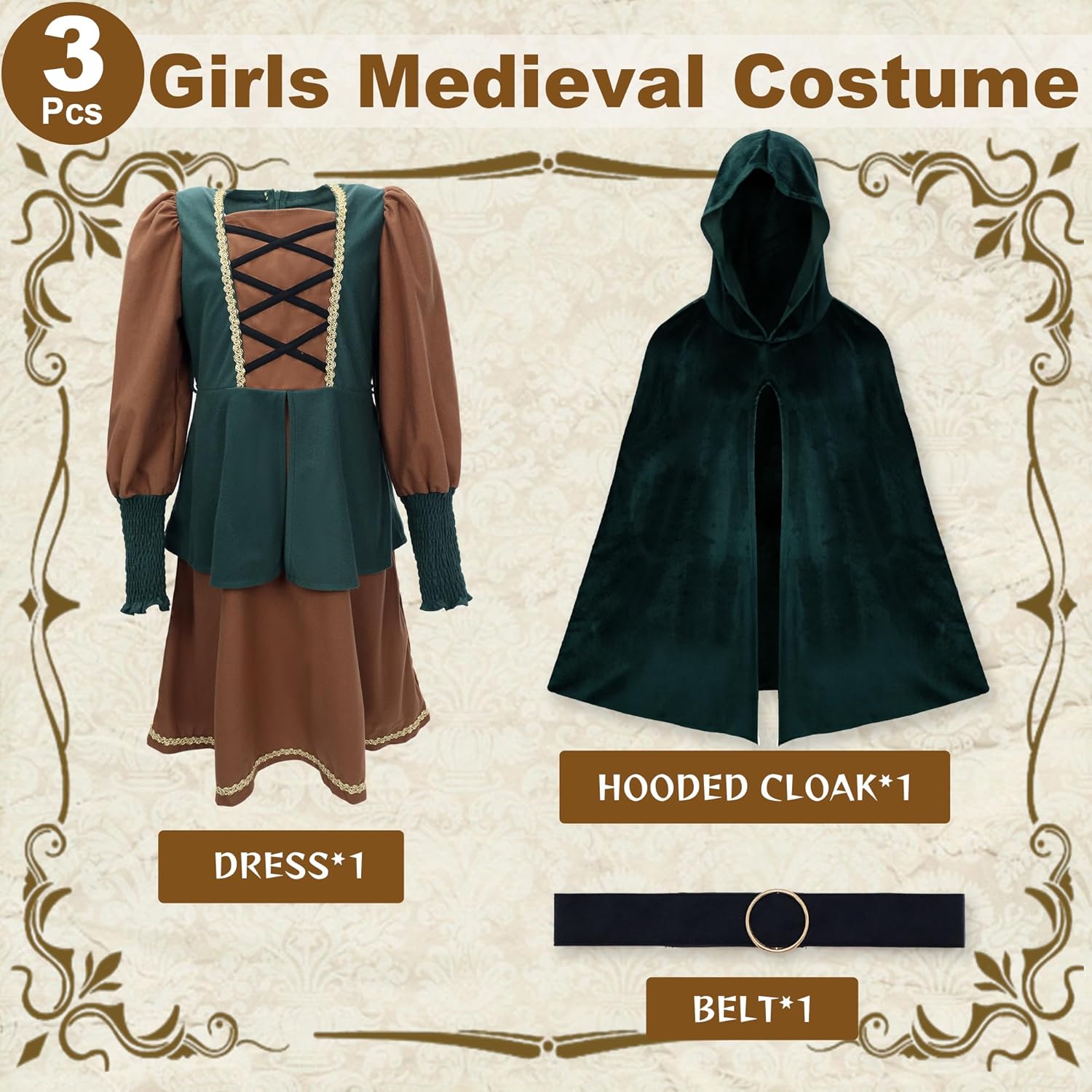 Ezuwail Girls Renaissance Dress Outfit Hooded Kids Medieval Princess Costume Sets for Halloween, Ren Fair