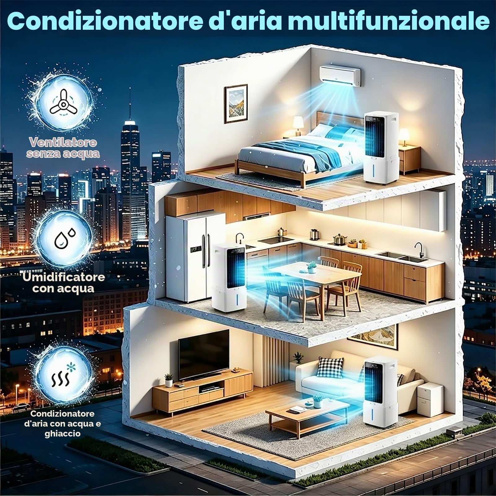 Raffrescatore d'aria da 12 litri, climatizzatore portatile 3-in-1 con serbatoio d'acqua e telecomando, 3 velocità, timer 12 ore e siberini; adatto per casa, patio, garage, ristoranti e spazi esterni