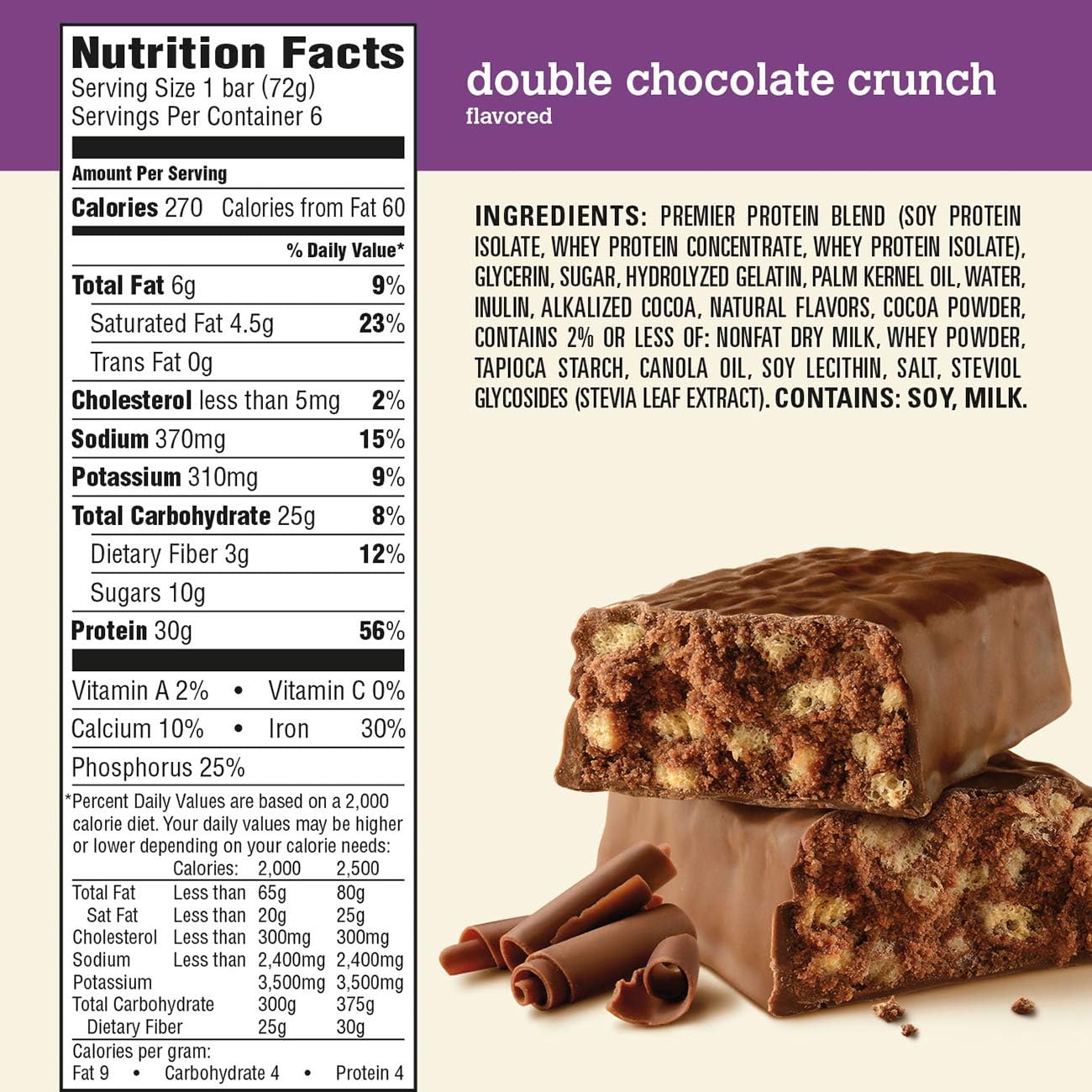 Premier Protein Nutrition Bar, Double Chocolate Crunch, 30g Protein, 2.53 Ounce Bars (Pack of 6)