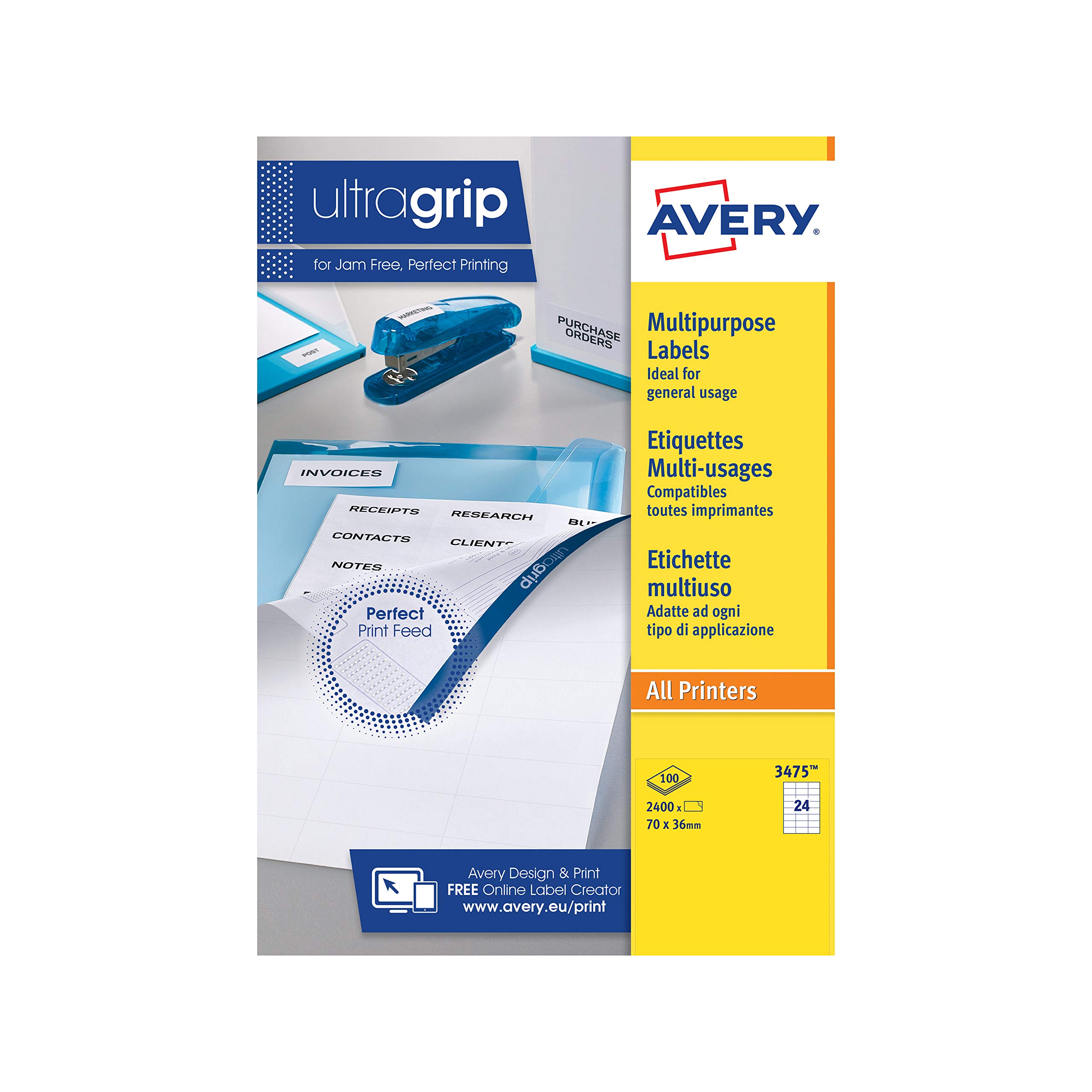 Avery 3475-Etichette multifunzione, con fogli A4, 70 x 36 mm, etichette adesive, 24 etichette Per foglio, 100 fogli, colore: bianco