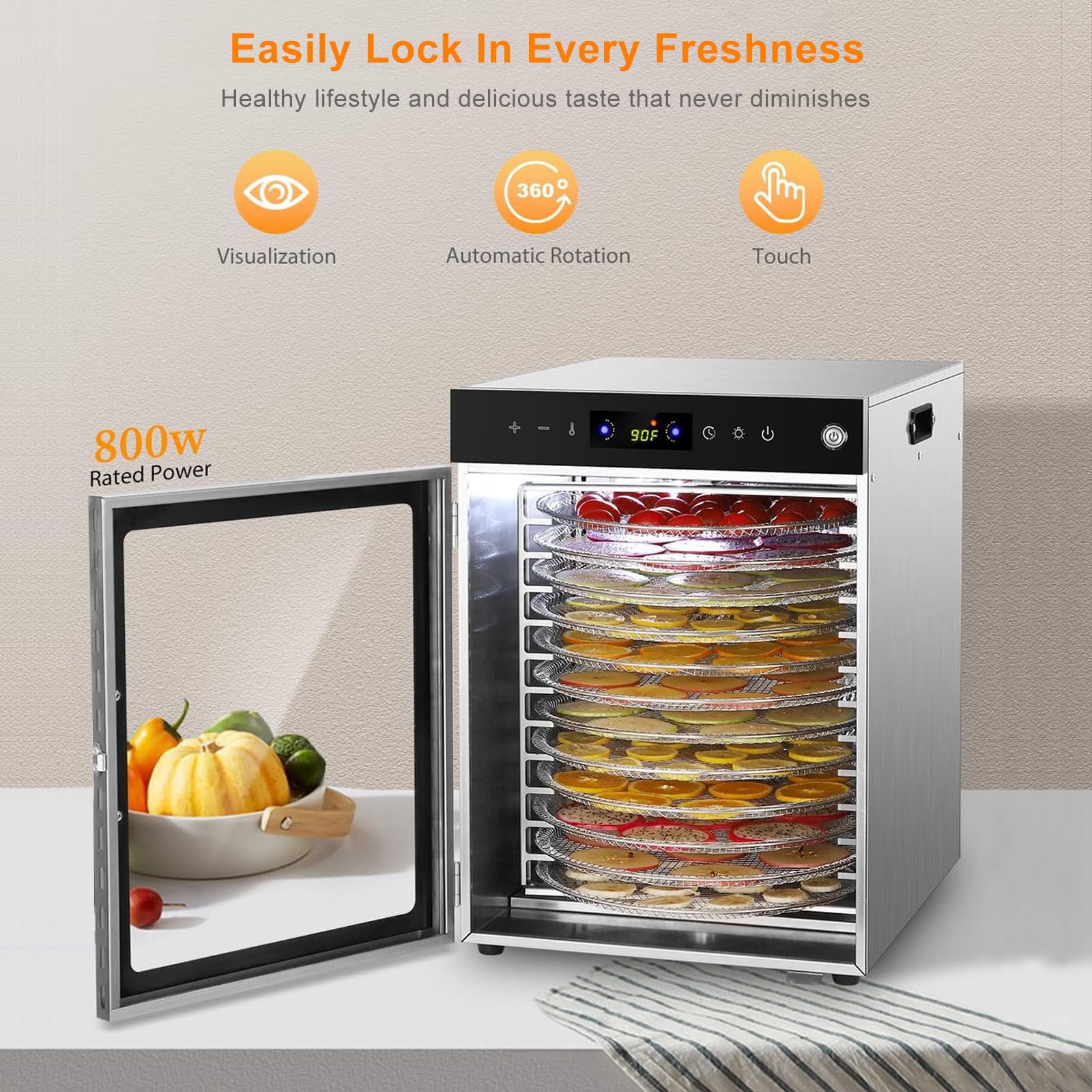 Essiccatore Per Alimenti Rotante A 360° – Essiccazione Per Frutta, Verdura E Carne Secca – Vassoi In Acciaio Inox, Timer Da 24 Ore, Fino A 194 ℉, Display A Led, Essiccatore Elettrico,20Layer