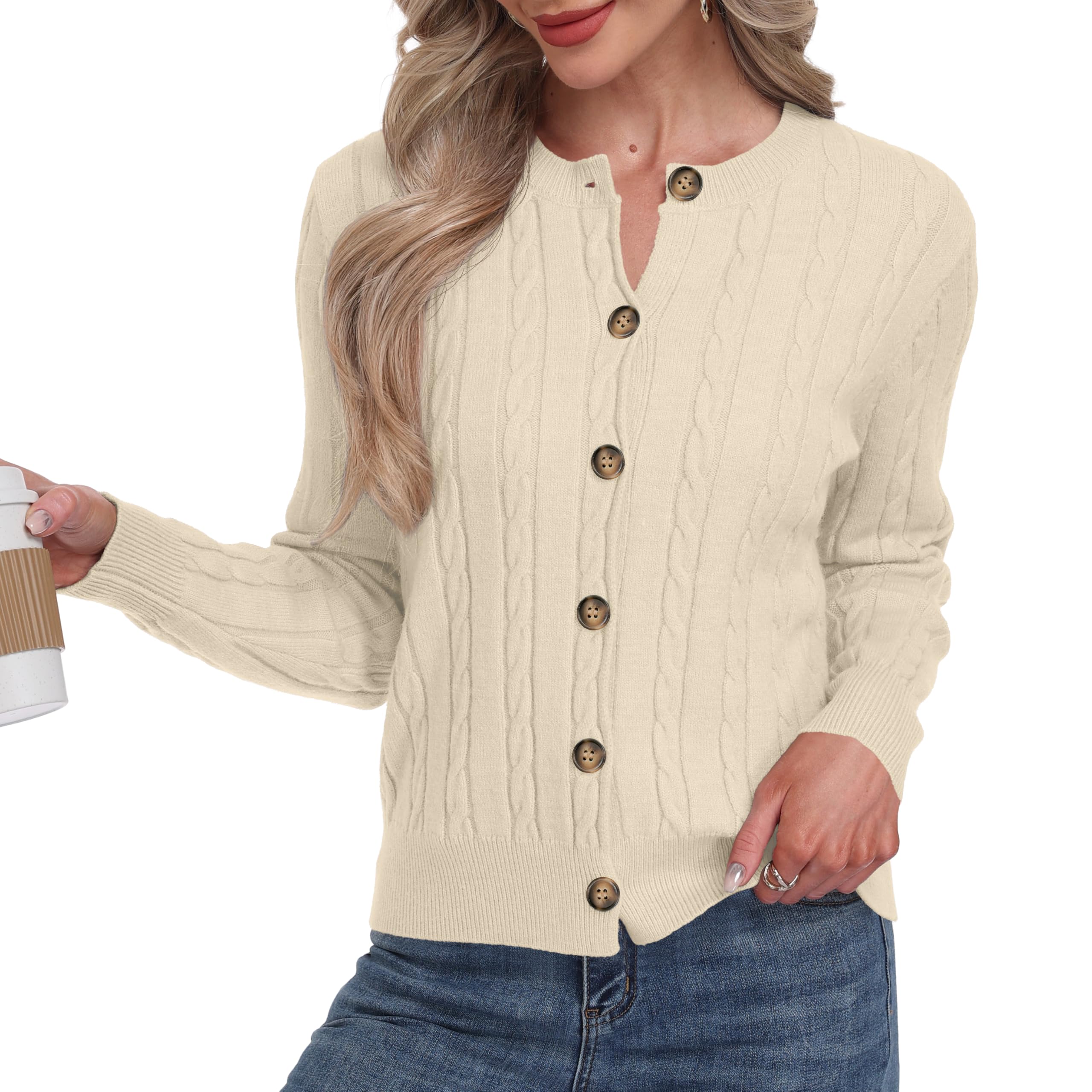 GRECERELLE Cardigan doux à manches longues pour femme - Pull à col rond - Cardigan décontracté en tricot avec boutons pour femme - Automne et hiver