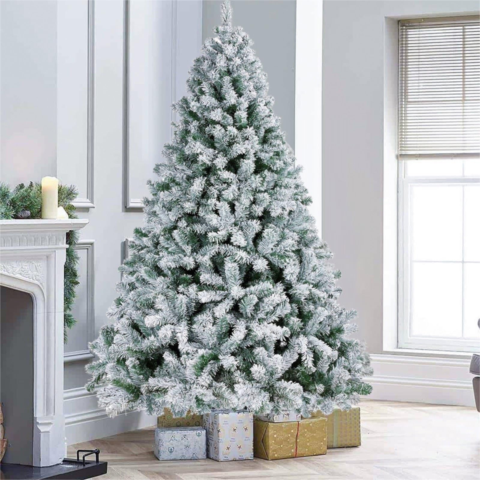 Sapin de Noël Artificiel de qualité supérieure, floqué de Neige, avec Branches Blanches et Support en métal.(150cm)