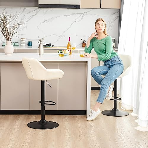 Miniatura 4 de Glitzhome Mid Century - Juego de 2 taburetes de bar ajustables de cuero giratorio vintage con respaldo y reposapiés, taburetes de bar modernos de