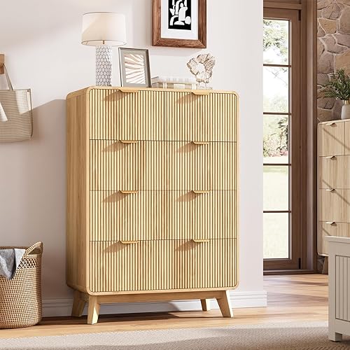 Miniatura 10 de QUW Cómoda moderna acanalada de 59.1 pulgadas de ancho para dormitorio con 9 cajones, cómoda alta con mango de metal, soporte de TV de madera