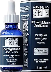 Admire My Skin Sérum facial de ácido poliglutâmico orgânico – Hidratação potente e antienvelhecimento + ácido hialurônico + própolis, 30 ml