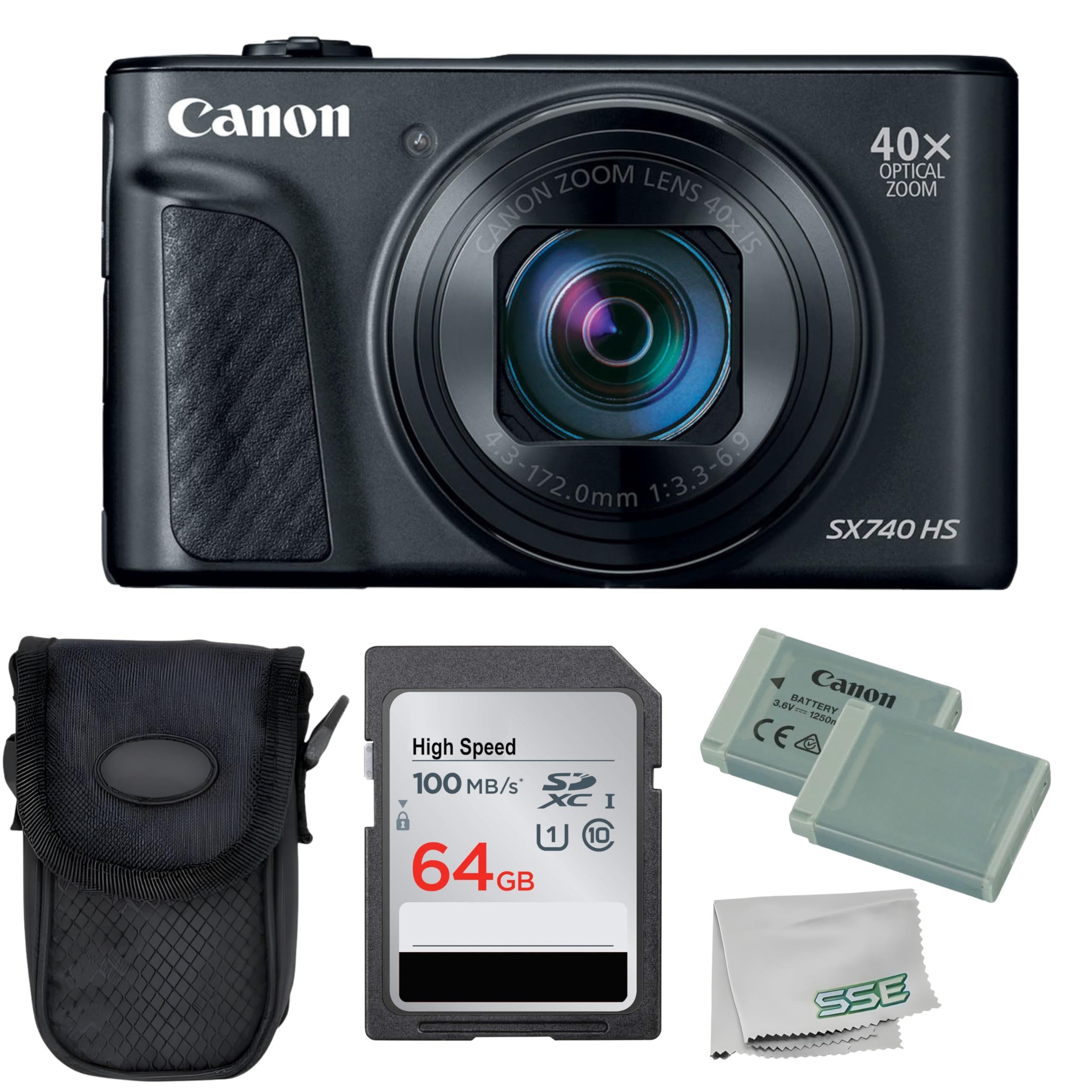 Canon PowerShot SX740 HS Digital Camera (Black) 5PC Bundle - Includes 64GB SD Memory Card + Point & Shoot Case + Extra Battery + Microfiber Cleaning