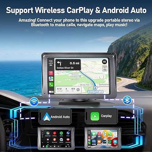 Miniatura 2 de Radio inalámbrica portátil con Apple CarPlay y pantalla Android Auto para automóvil, radio de pantalla táctil antirreflejo de 7 pulgadas con manos