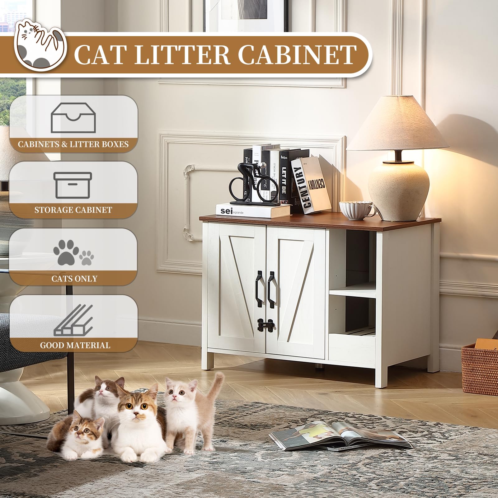 FOREST GRAVITY Mueble Arenero para Gato Pequeño Mueble Arenero para Gato Moderno 81 * 50 * 60 cm Casa para con Puerta y Tabique Separador Blanco Antiguo