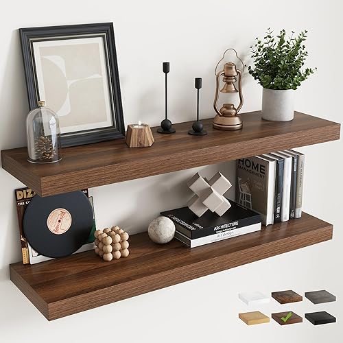 Miniatura 27 de Estantes flotantes para pared con soportes invisibles, estantes de madera de ingeniería montados en la pared con grano de madera para sala de estar,