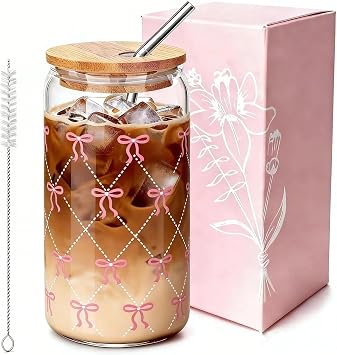 JOYMIA Glass Cups with Lids and Straws, 16oz Cute Coquette Pink Bow Iced Coffee Cup for Preppy, Birthday Valentines Christmas Gifts for Women, Teen Girl Gifts Trendy Stuff