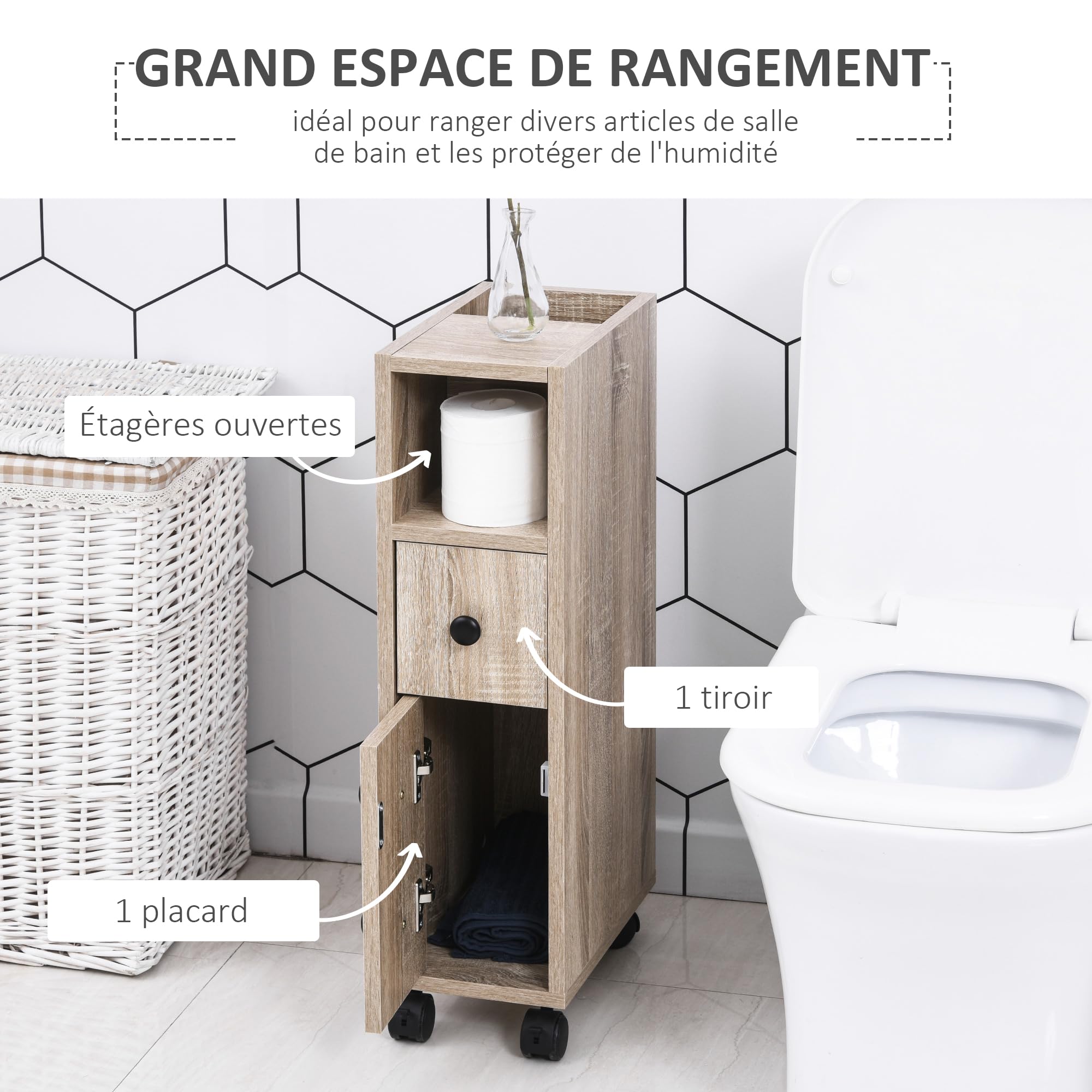 kleankin Support Papier Toilette 3 Niveaux Sortie Papier Aspect Chêne Clair