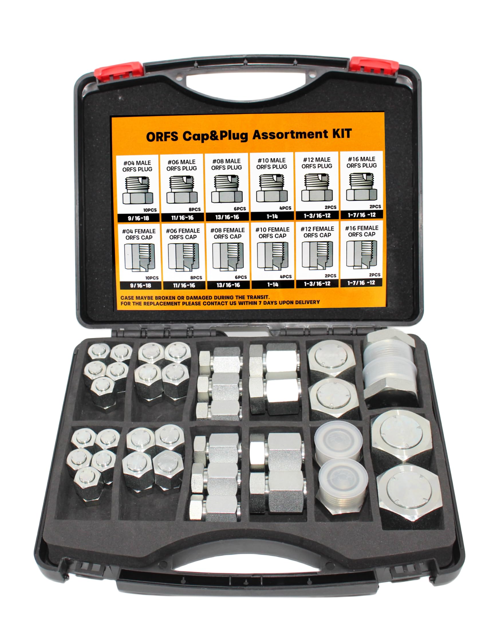 L 64 Pcs. O-Ring Face Sea Cap & Pug Assortment Kit, Sea Adapter Set for Hydrauic Hose Tube and Pipe, ORFS Fittings, Gavanized Carbon Stee with Precision Threading, Dash Sizes 4 6 8 10 12 16