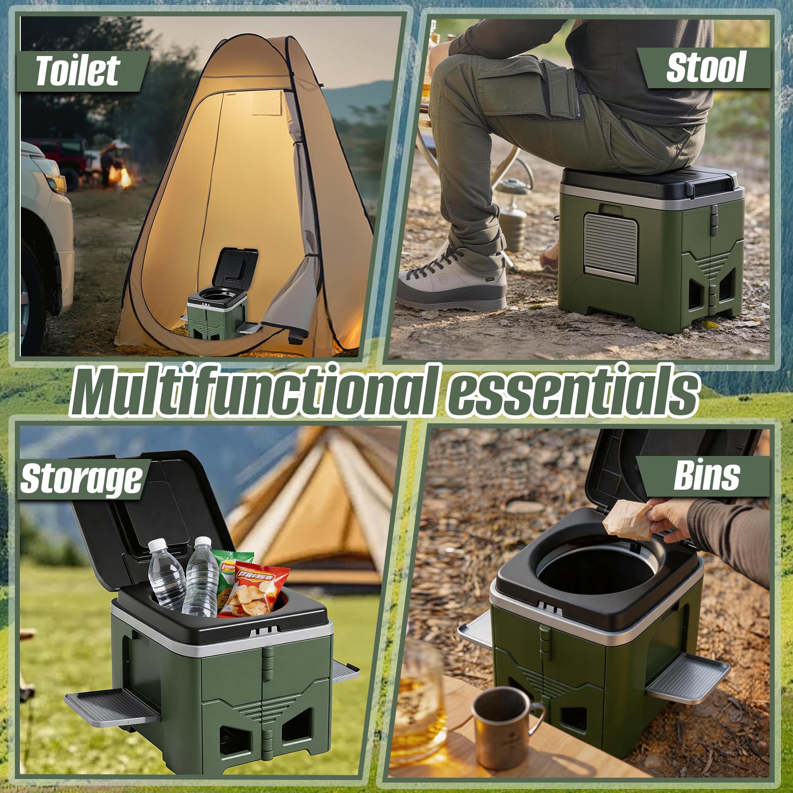 Set WC pieghevole portatile da campeggio, con porta rotolo di carta e supporto per telefono, 24 sacchetti della spazzatura, borsa organizer per campeggio, camper ed escursionismo.