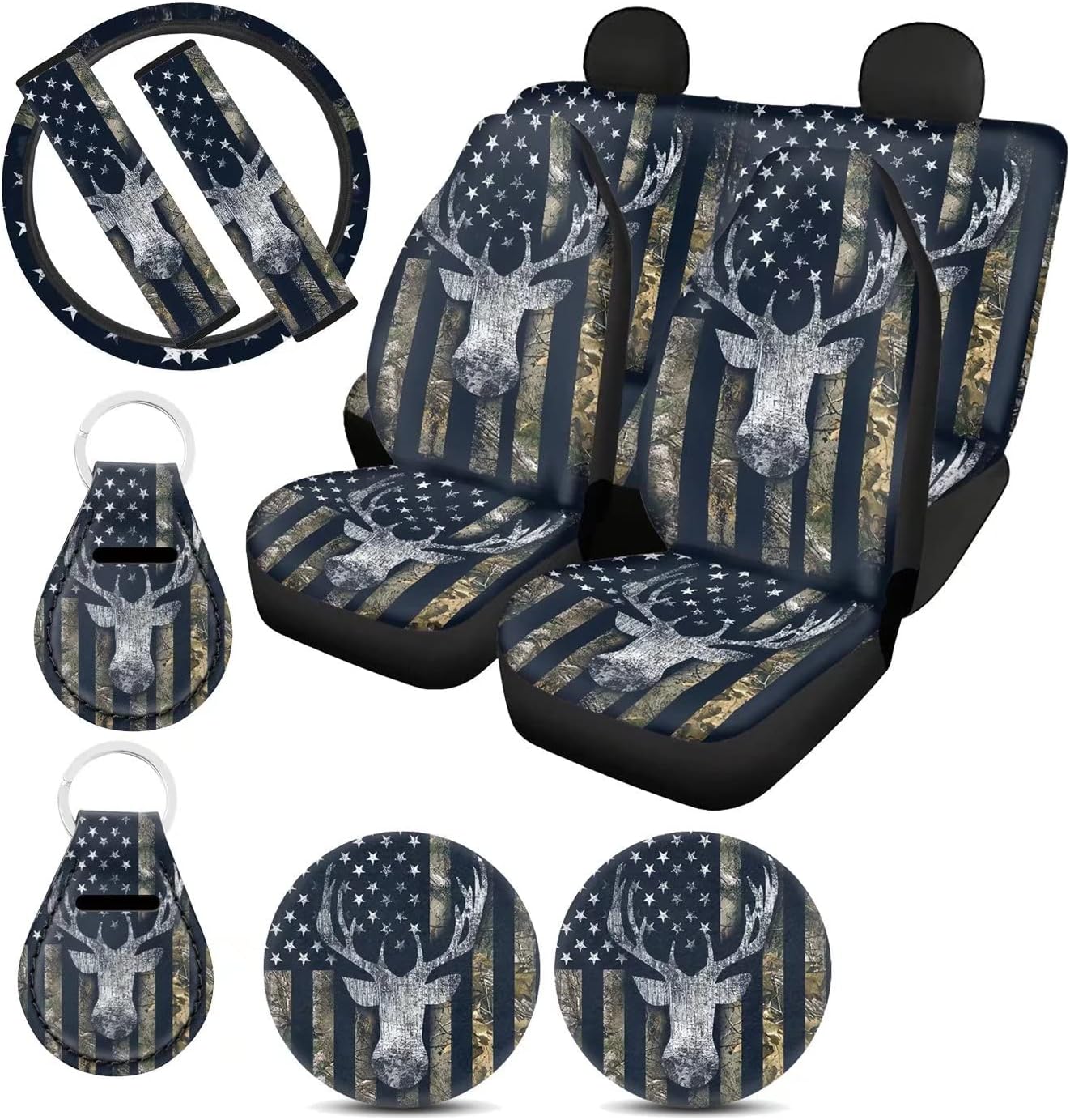 Suobstales American Flag Deer Car Seat Covers Front Back Split Bench Protector for SUV Truck Van Camo Elk Steering Wheel Covers 15 Inch,Seat Belt Covers,Coasters,Keychain Auto Decor for Women Men