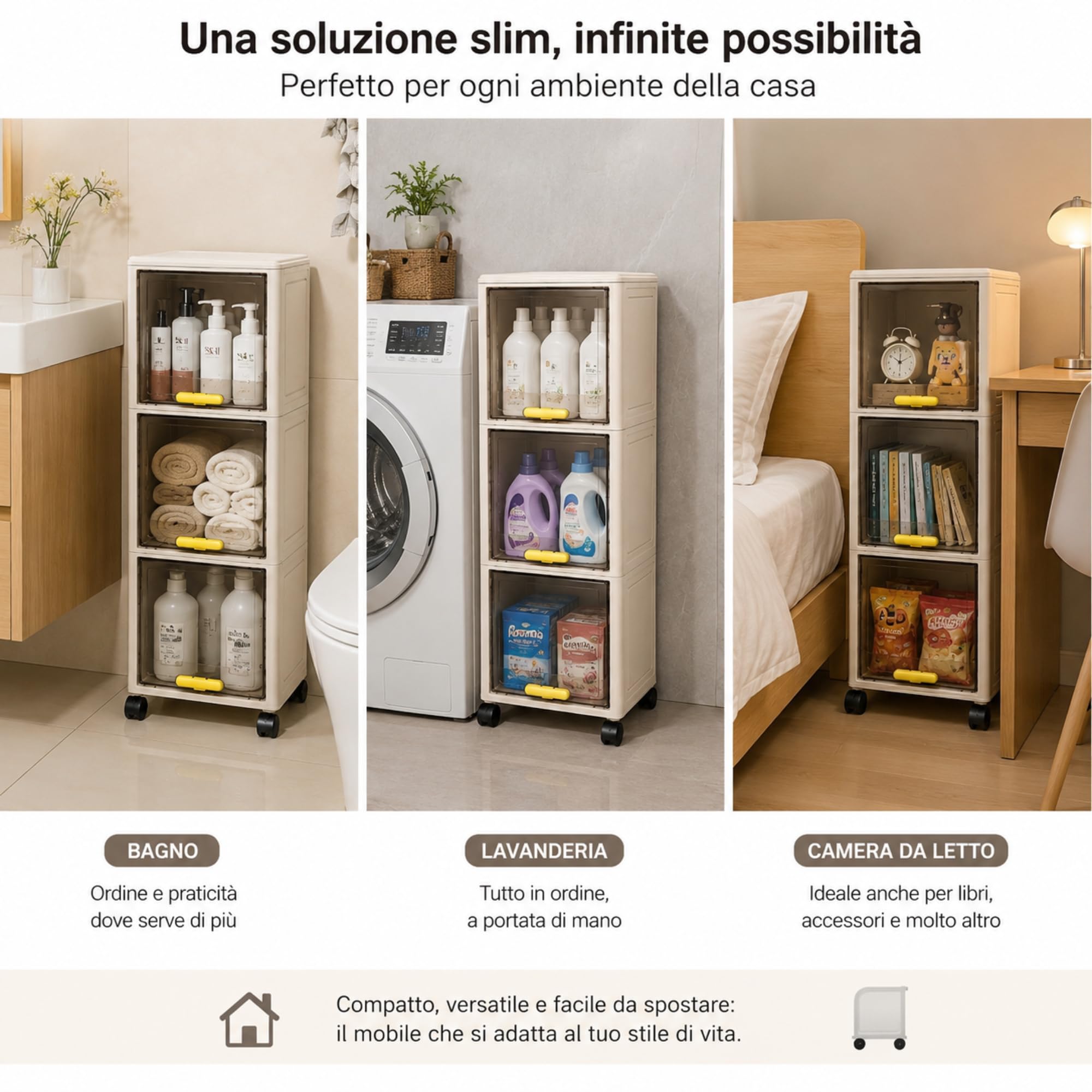 Mobiletto Bagno Salvaspazio 3 Livelli con Ruote - Organizer Salvaspazio ROBUSTO e Ante Trasparenti (20x30x85,5 cm) per Bagno,Cucina e Lavanderia - Carrello Portaoggetti Verticale - Facile da Montare