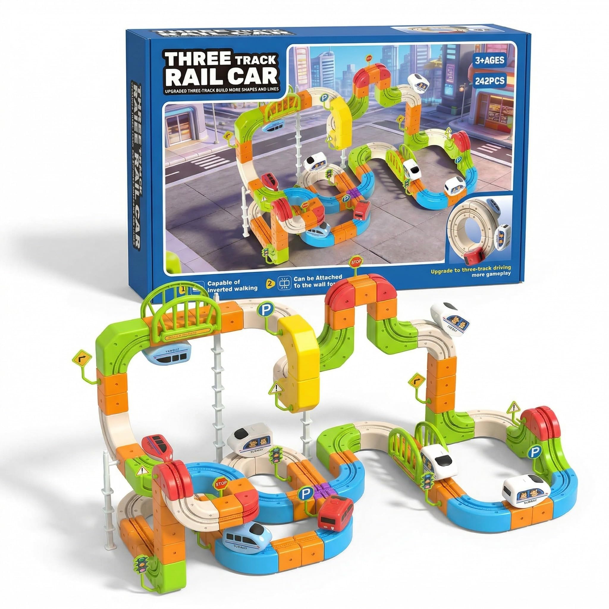 Zuquik Electric Train Set 242 Pieces, 3D Anti-Gravity Train Track with 3 Secure Rails, Type-C Rechargeable,STEM Trackfusion Train Toy, Construction Toy Train for Boys Girls Age 3+