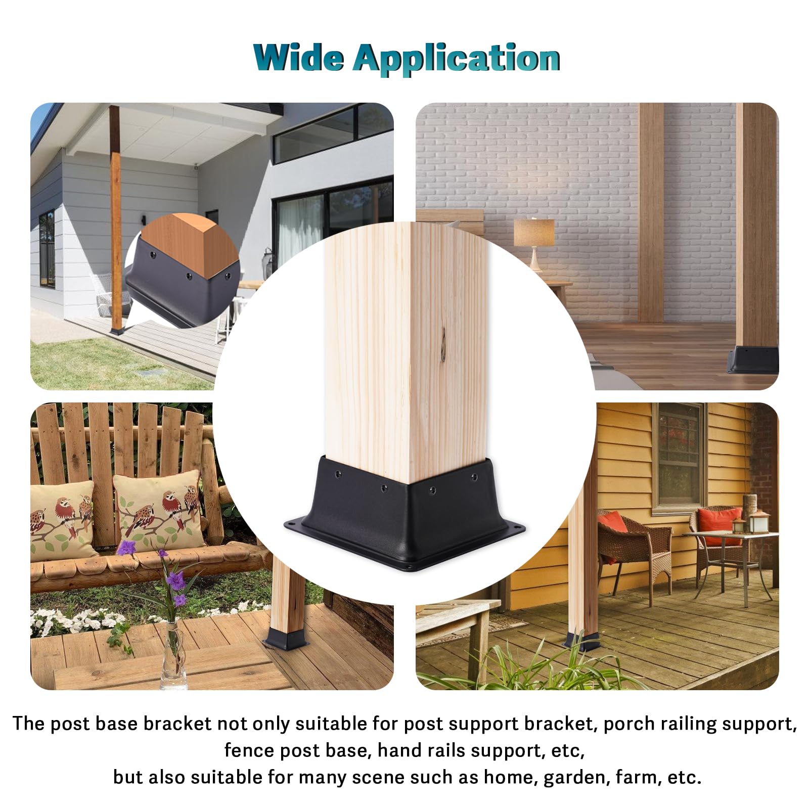 Vigtayue 4x4 Post Base Anchor Kit, 2-piece, Black powder-coated, Fits 4"x4" standard wood post, Supports deck, porch handrail & railing — view 8