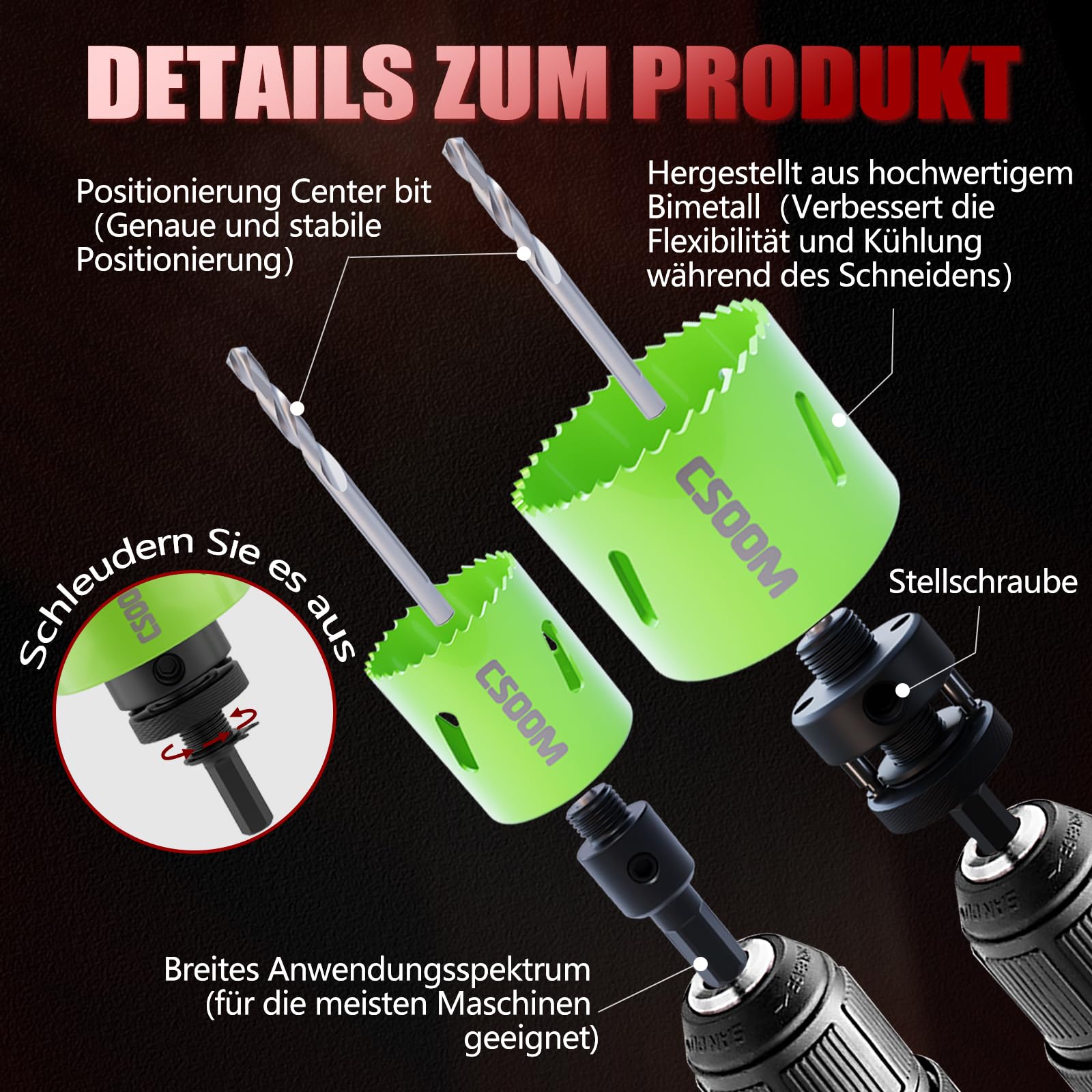 CSOOM Wysokiej jakości bimetaliczny zestaw otwornic M42 – 12 rozmiarów (19 mm – 68 mm) | łącznie z wiertłem centrującym i uchwytem | głębokość cięcia 40 mm | nadaje się do różnych materiałów i