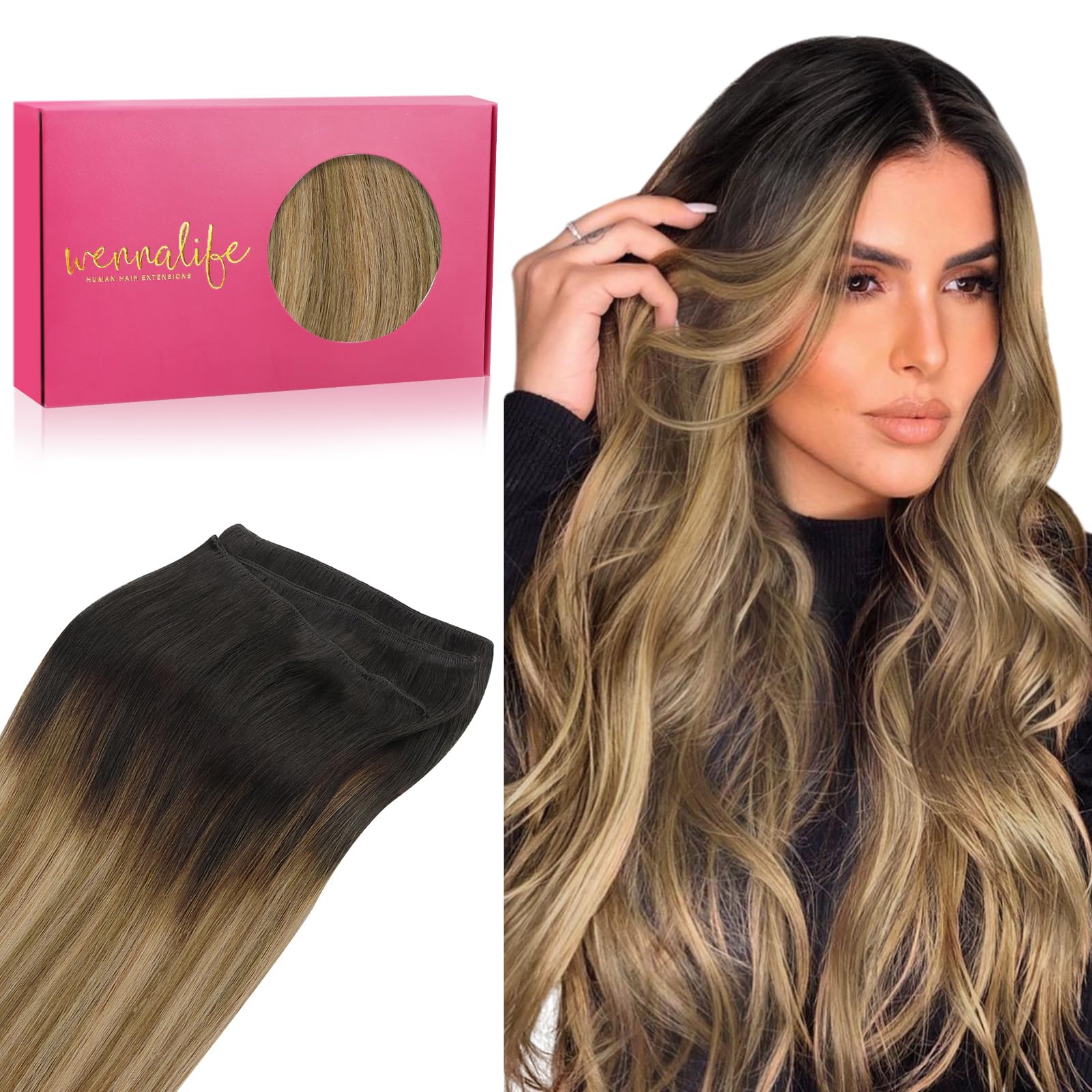 WENNALIFE Sew in Hair Extensions Real Human Hair, 20 Inch 100g Dark Brown to Chestnut Brown and Dirty Blonde Highlighted Machine Weft Remy Hair Hand