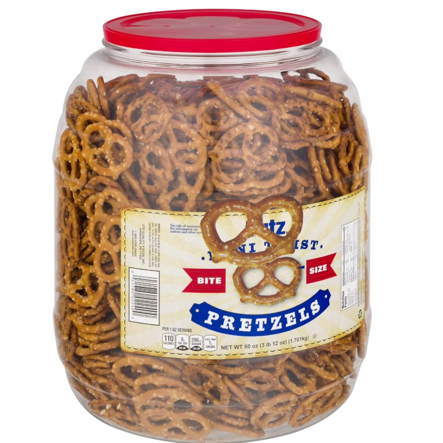 Utzz Mini Twist Pretzels, Classic, 60 Ounce Jar, Crunchy Traditional Pretzels Snacks, Resealable Container, 500+ Pieces