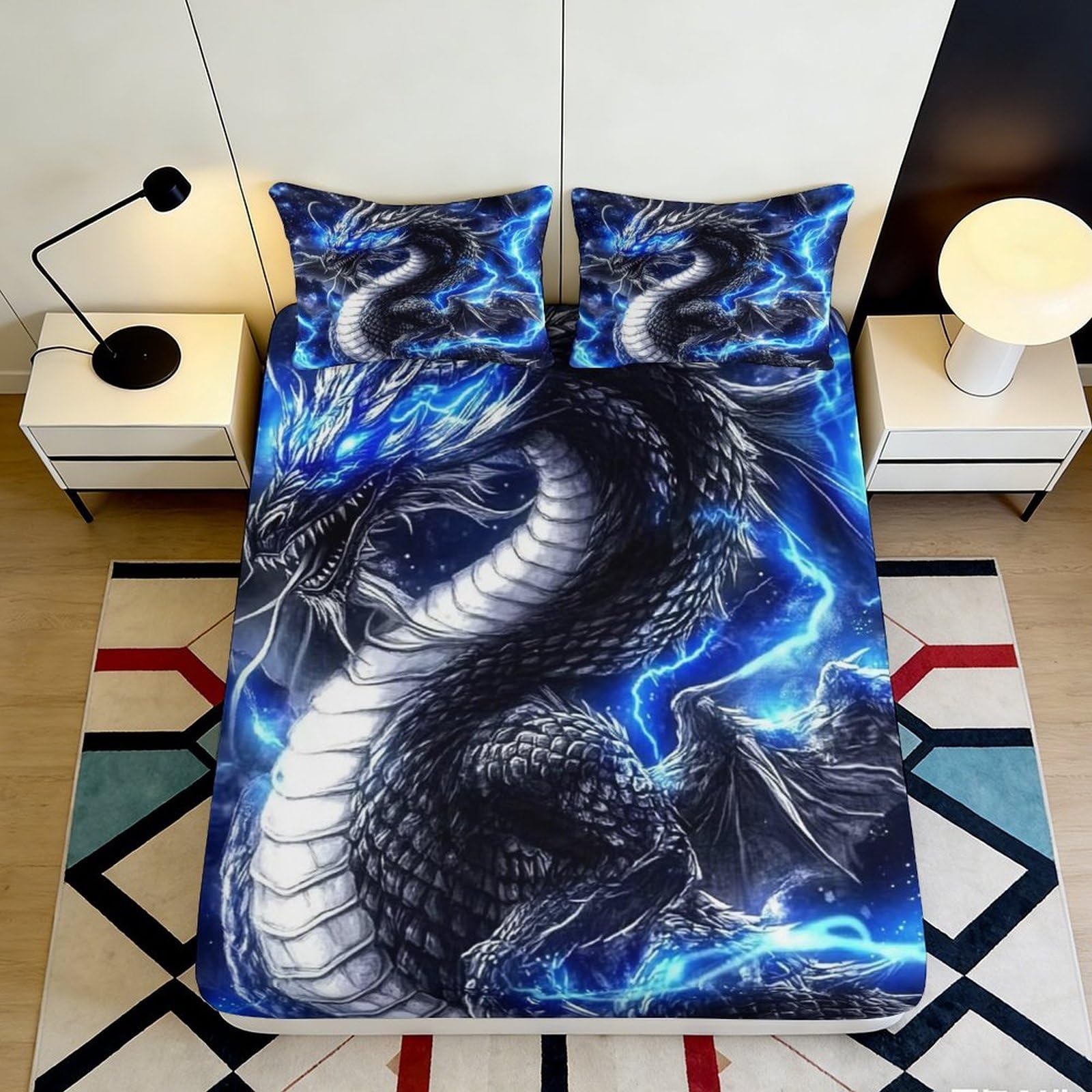 3D Printed Blue Lightning Dragon Fitted Sheet Microfiber Soft Bed Cover Fantasy Decor for Bedroom Guest Room 90x200x25cm