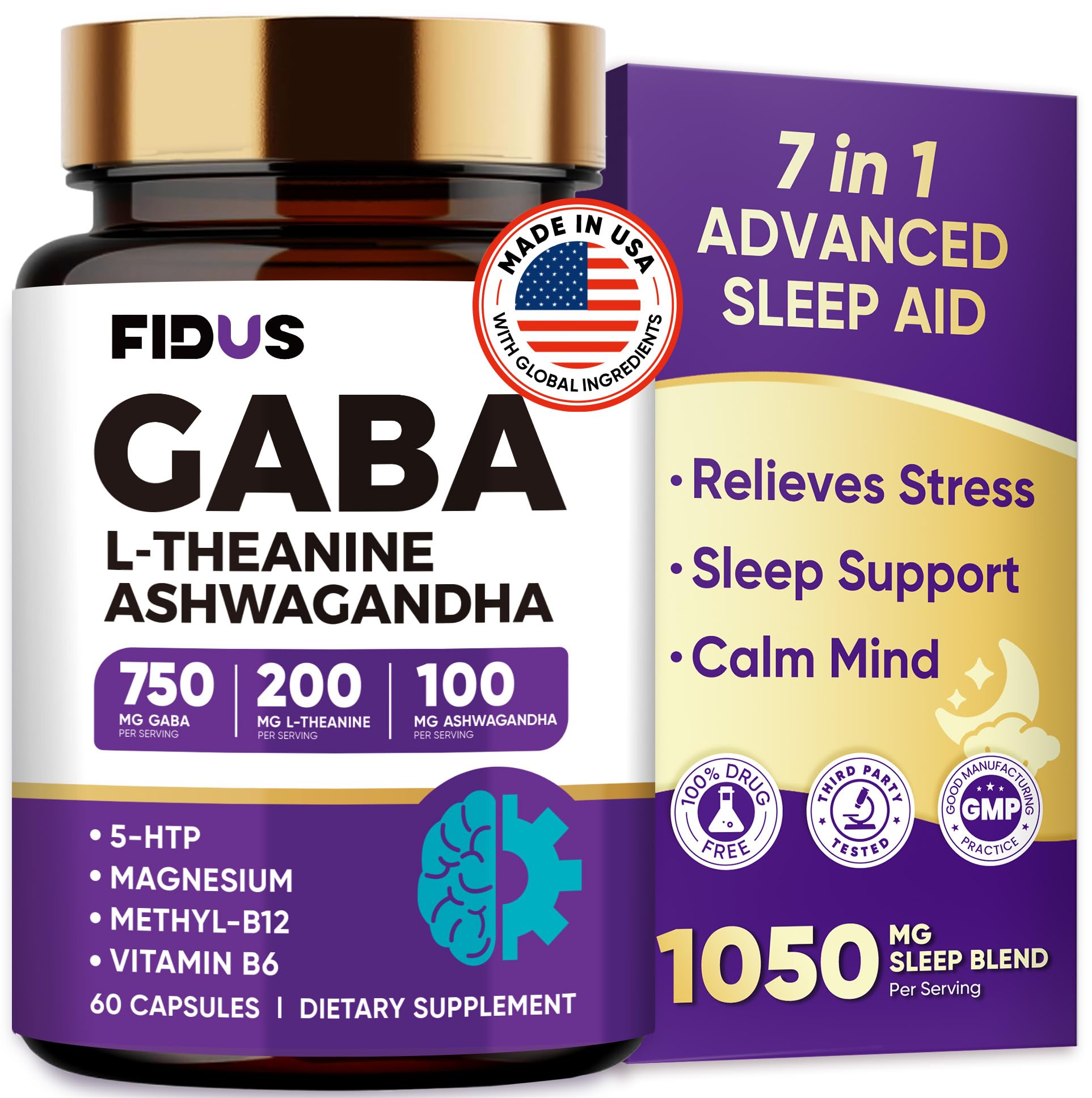 GABA Supplements 1050mg Blend, Advanced Sleep Aid & Calm, L-Theanine, 5-HTP