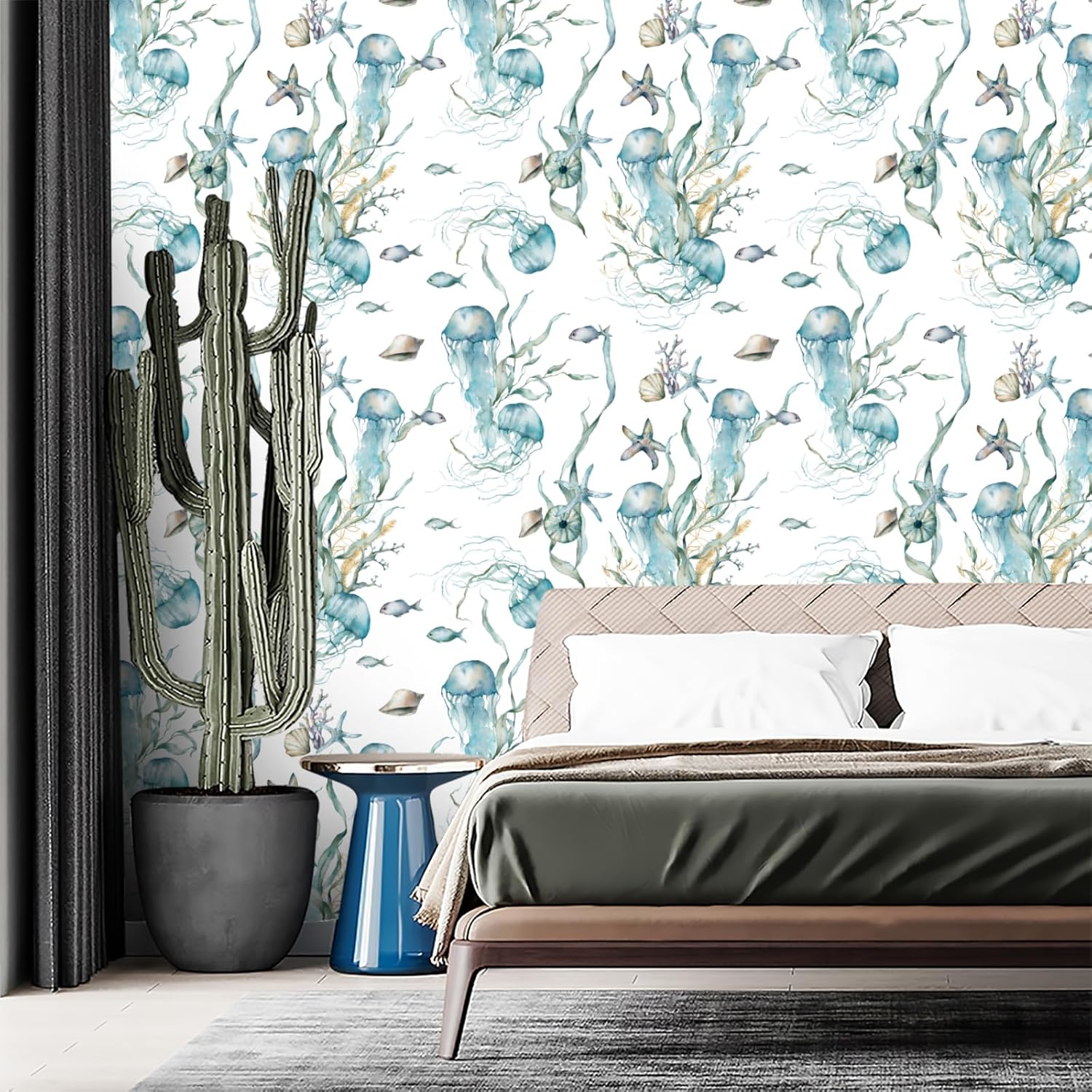 Ocean Peel and Stick Wallpaper,Jellyfish and Starfish Self Adhesive Wallpaper for Home Decoration 17.3 "x 118"