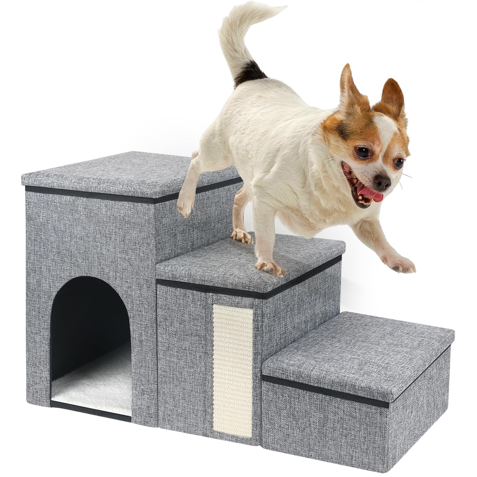 Scala Pieghevole Per Cani E Gatti Petizer – Con Scatola Portaoggetti, Tiragraffi, Altezza Regolabile