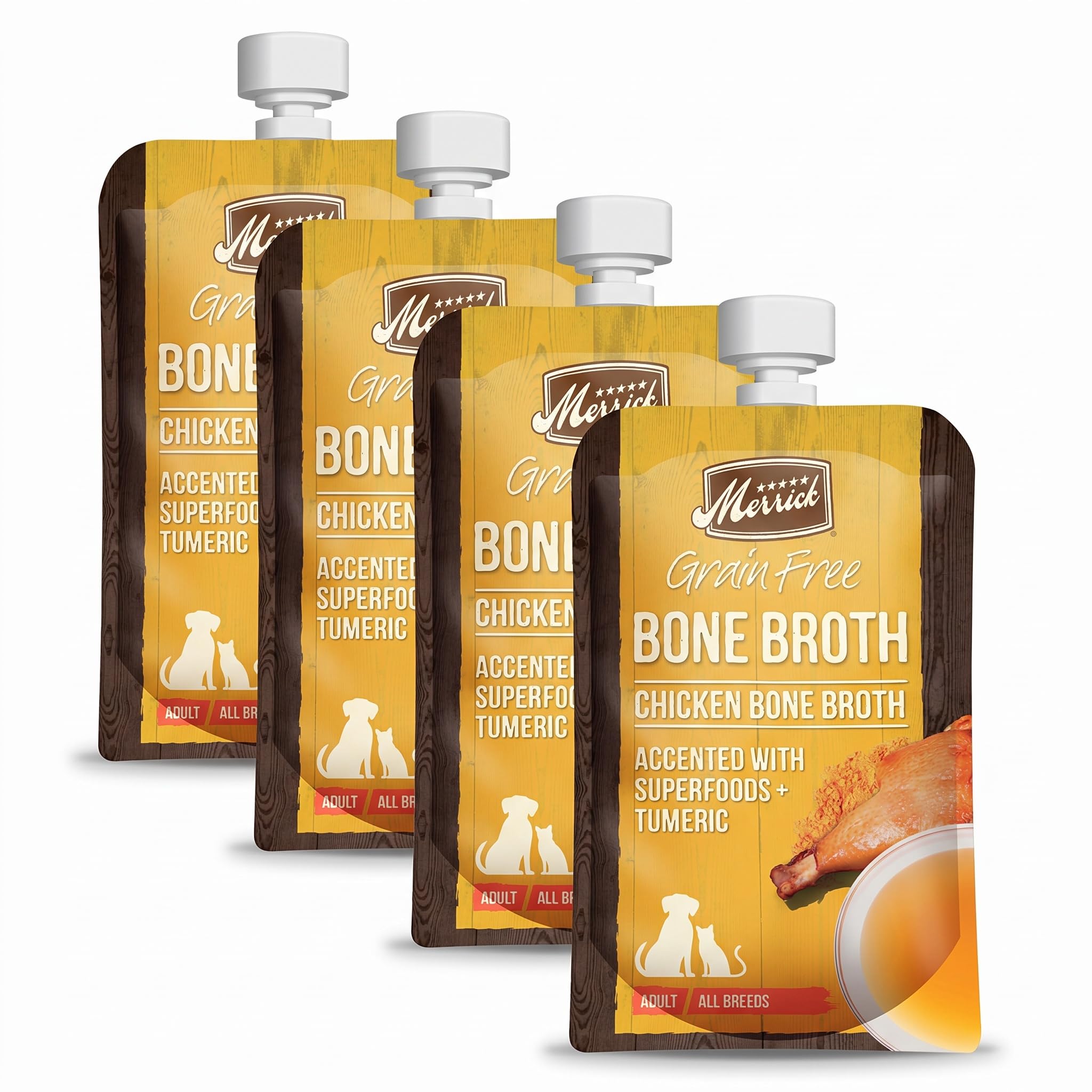 Merrick Grain Free Bone Broth, Premium Human Grade and Gluten Free Dog and Cat Food Topper Pouches, Chicken - 7 oz. Pouch (Pack of 4)