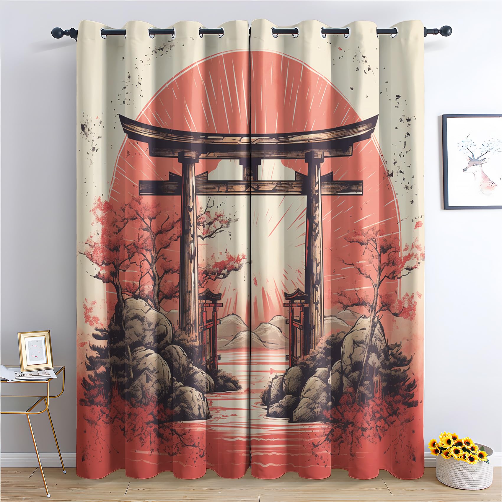 QEODAH Japanese Curtains 183cm Drop, Japan Torii Asian Landscape Patterned Blackout Curtains for Bedroom, Living Room Decor, Soft Thermal Insulated Eyelet Drapes for Windows - 2 Panels