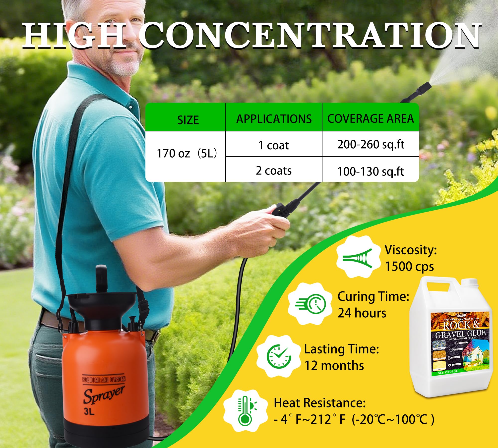 Liant pour Gravier - 5L Colle Cailloux Extérieur avec pulvérisateur à pompe, Stabilisateur de Gravier Puissant pour Pierre, Pailli, Copeaux de Bois, écorces | Résistante aux Intempéries, Longue Durée