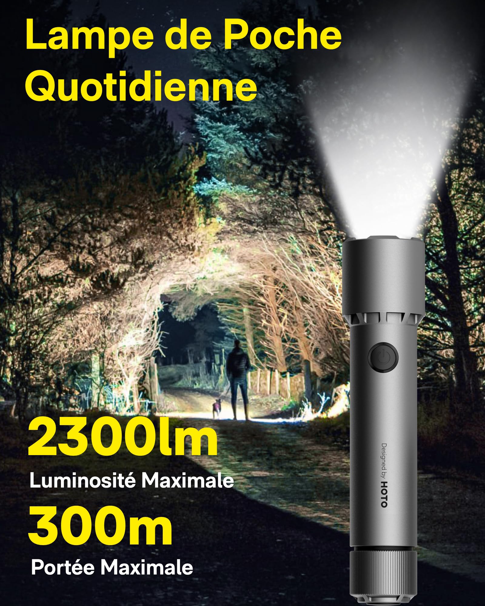 HOTO Lampe Torche LED Ultra Puissante, Lampe Torche Tactique Puissante | 2300 Lumens Lampe de Poche Rechargeable, Avec Batterie Remplaçable, 5 Modes D'éclairage pour Camping Randonnée, et Urgences