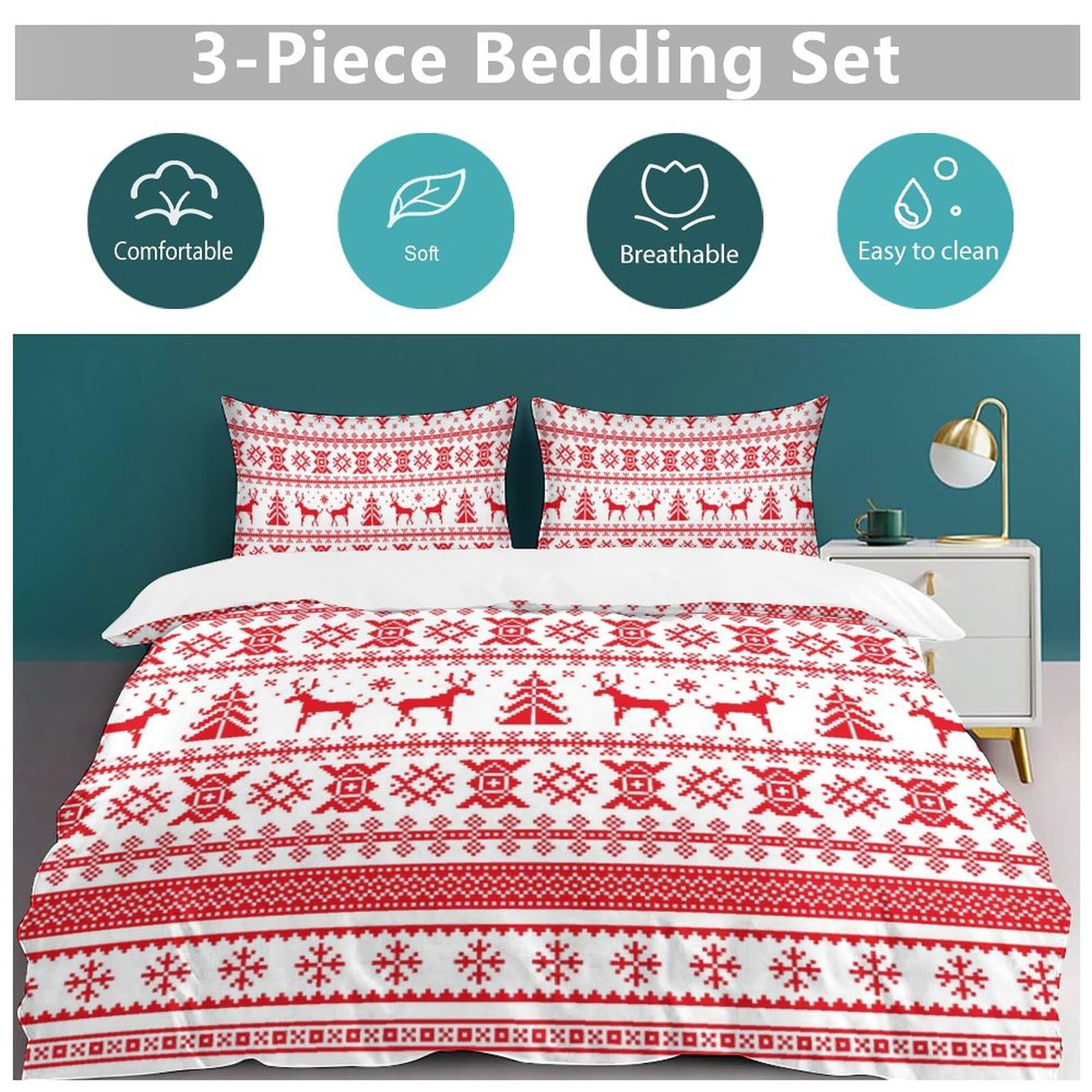 goodbath King Size Duvet Cover Set Christmas, Xmas Tree Deer Holiday Theme Bedding Set 3 Piecee, Red White - Image 4