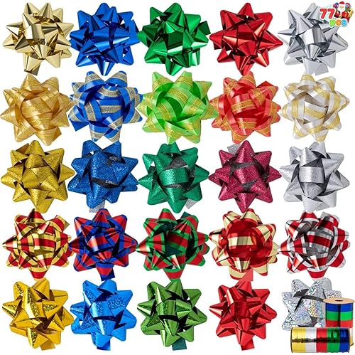 JOYIN Surtido de 75 lazos de Navidad con 2 rollos de cintas, lazos de regalo autoadhesivos multicolor de 3 pulgadas y cintas rizadas para envolver