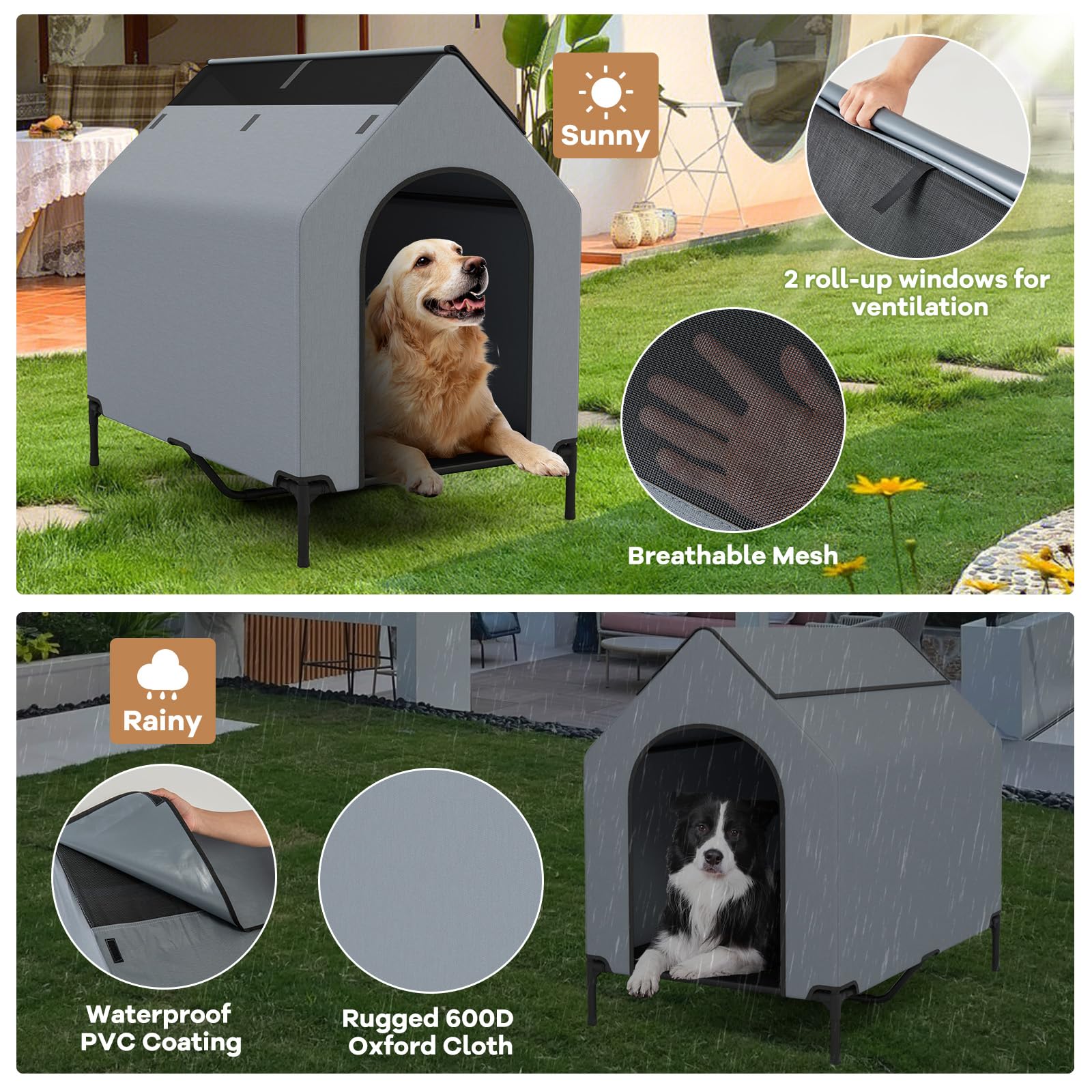 GOPLUS 2 en 1 Niche Surélevée pour Chien, Tente Résistant aux Intempéries avec Fenêtres Ventilées, Lit en Tissu Maillé, Intérieur Extérieur (M)