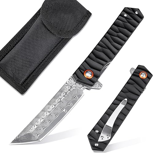 KOMWERO Cuchillo plegable para hombres, cuchillo de bolsillo de Damasco con mango antideslizante de aluminio, cuchillo EDC para regalo de camping